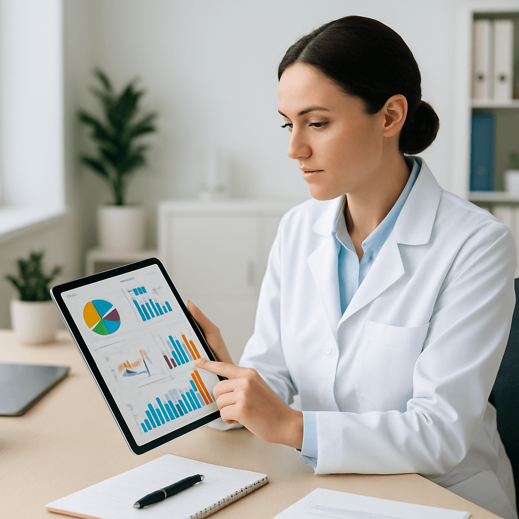 Gestora de clínica analisando painel de confirmações de consultas automatizadas por WhatsApp