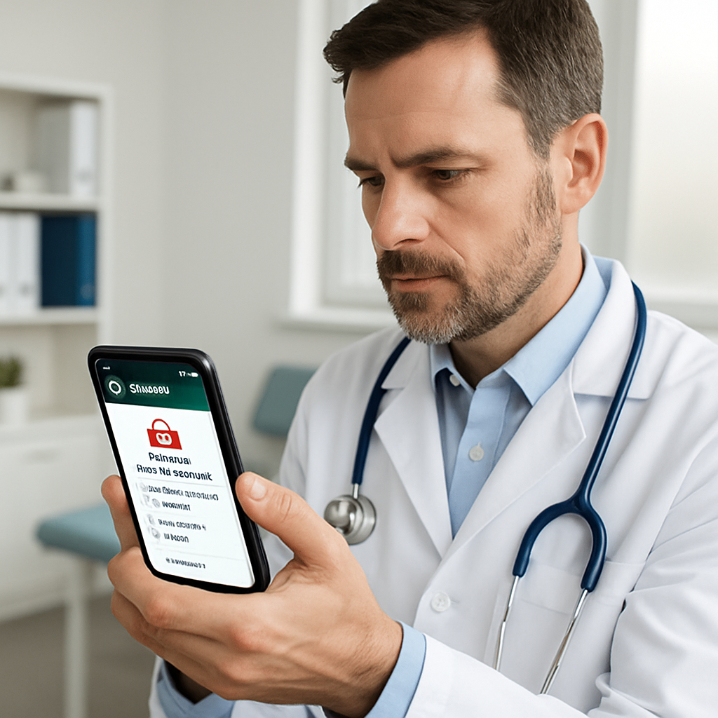 Médico verificando agendamento de consulta pelo celular com notificação de confirmação via WhatsApp