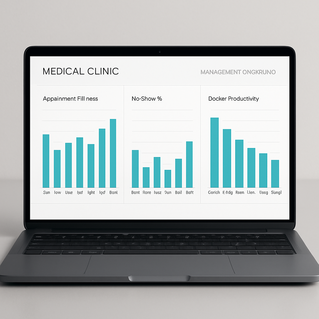 Tela de dashboard com relatório de ocupação de agenda médica mostrando gráficos de produtividade e taxa de faltas