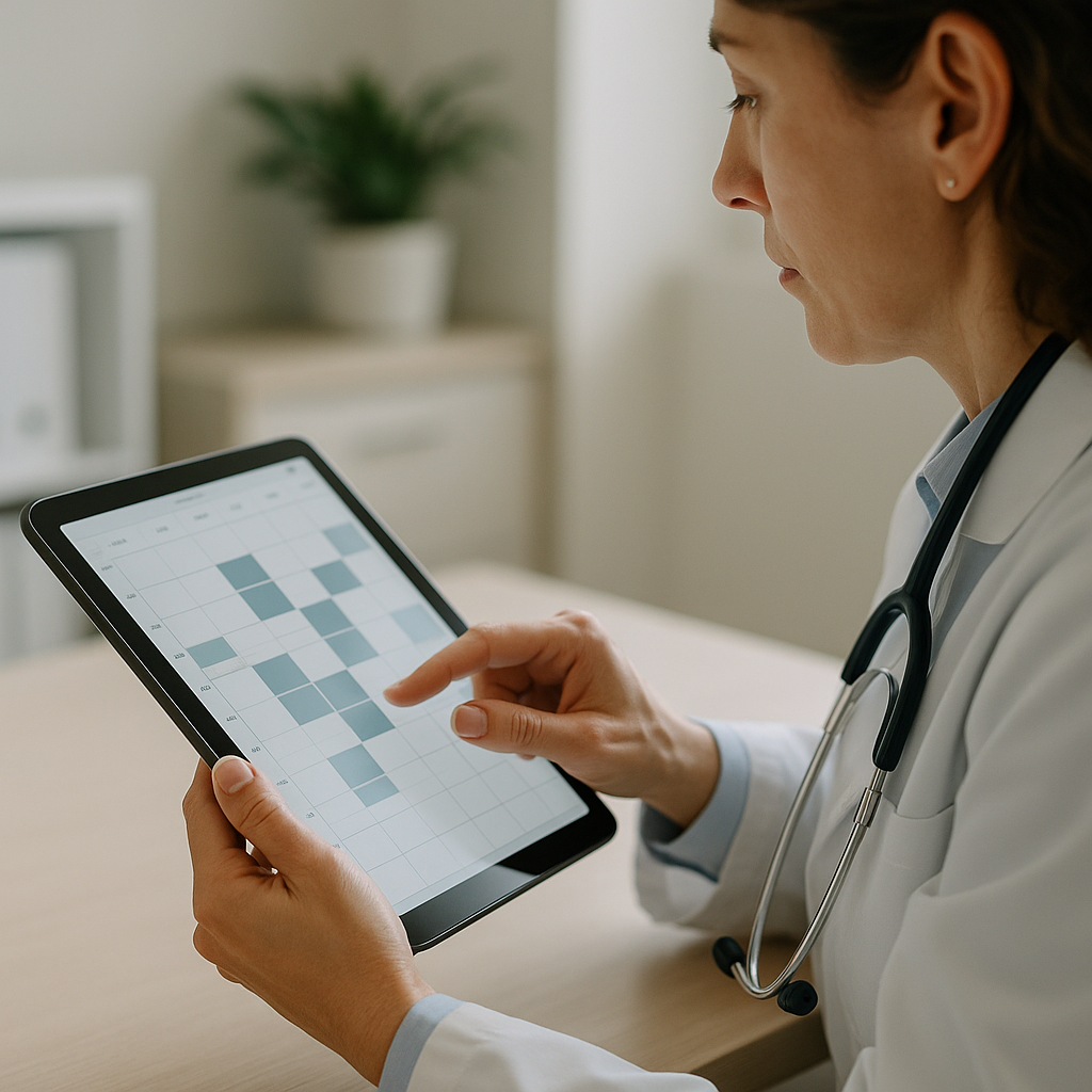 Mãos de médica ajustando horários de consulta em tablet com interface de agenda