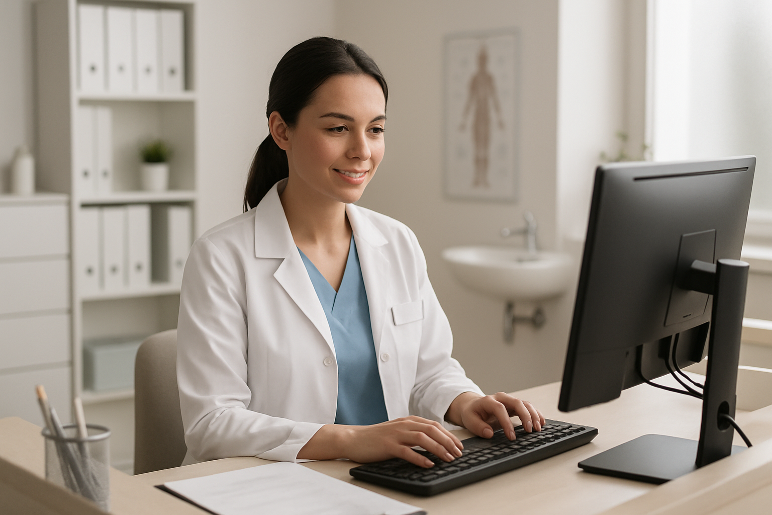 Recepcionista usando agenda médica online em computador em clínica moderna e iluminada