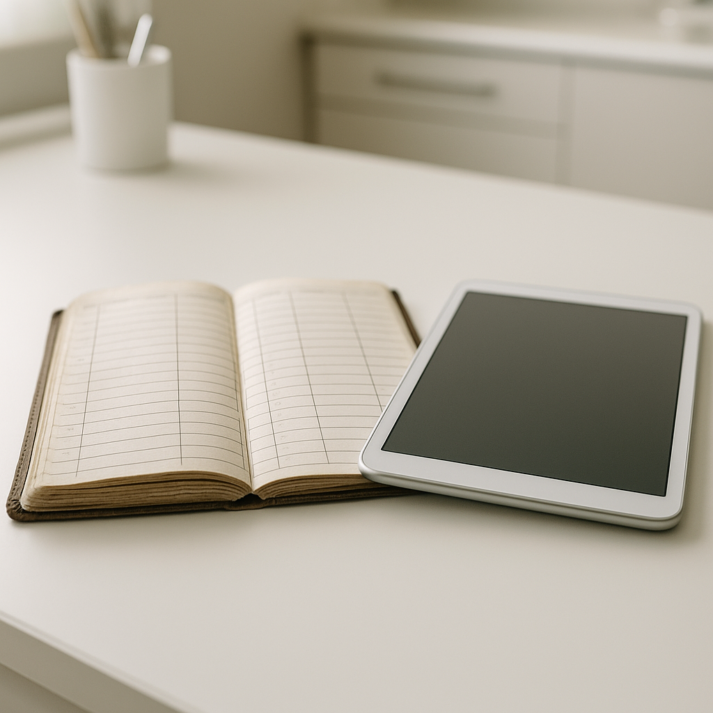 Comparação visual entre caderno de agenda de papel e tela de agenda médica digital