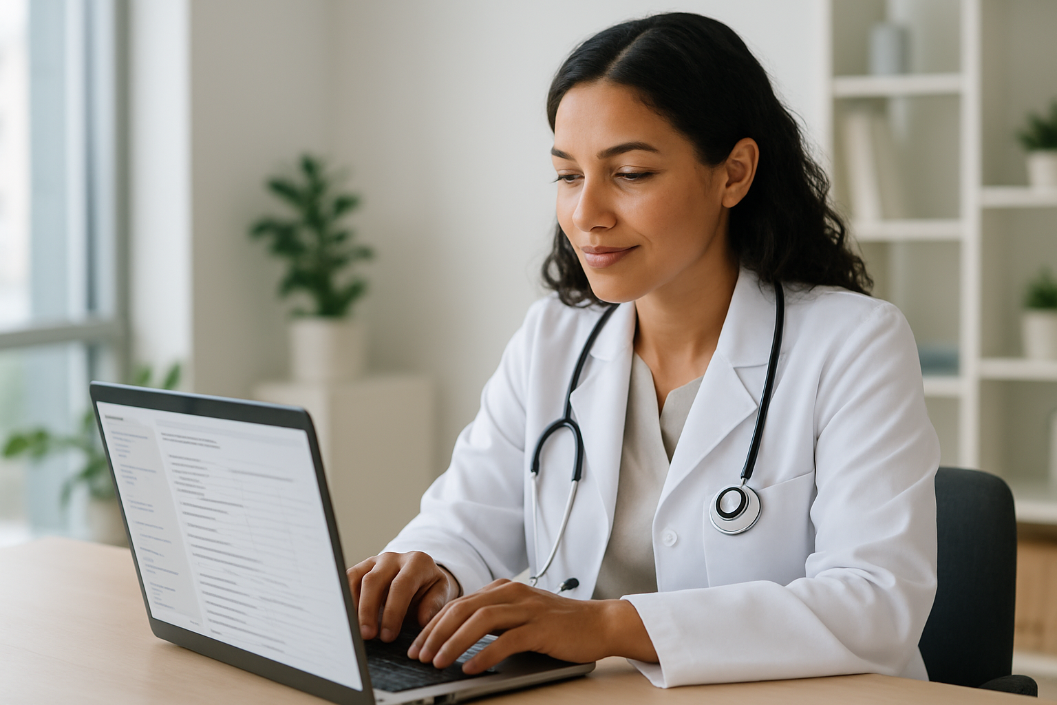 Médica revisando no notebook uma anamnese digital pré-organizada por inteligência artificial