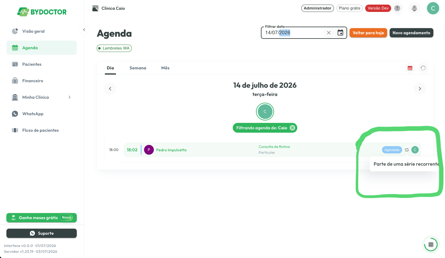 Consulta na agenda sinalizada como parte de uma série recorrente