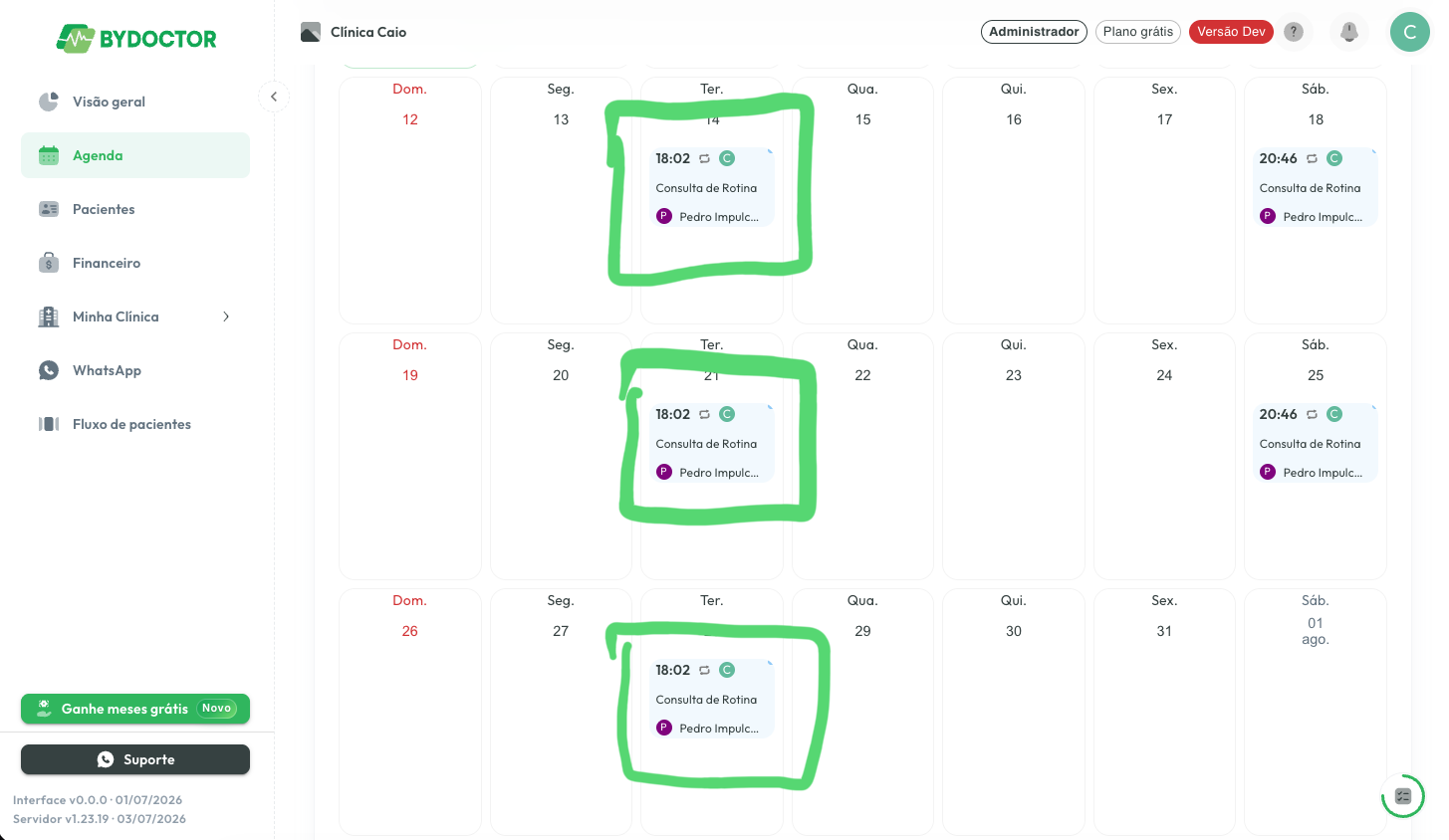 Visão semanal do calendário mostrando a mesma consulta repetida ao longo de várias semanas