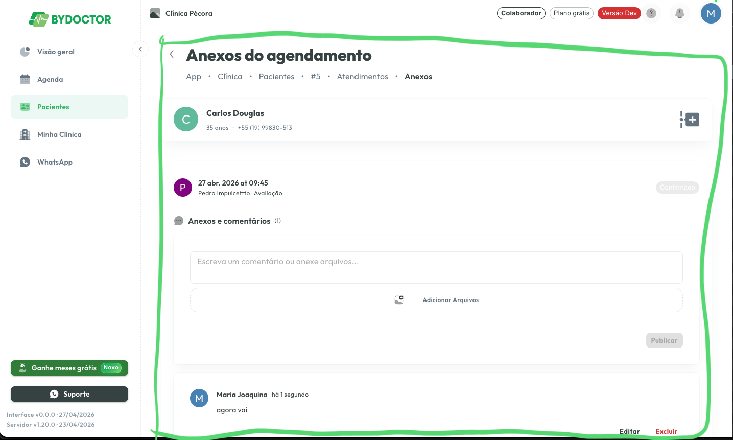 Colaborador anexando arquivos e escrevendo um comentário em um registro de atendimento