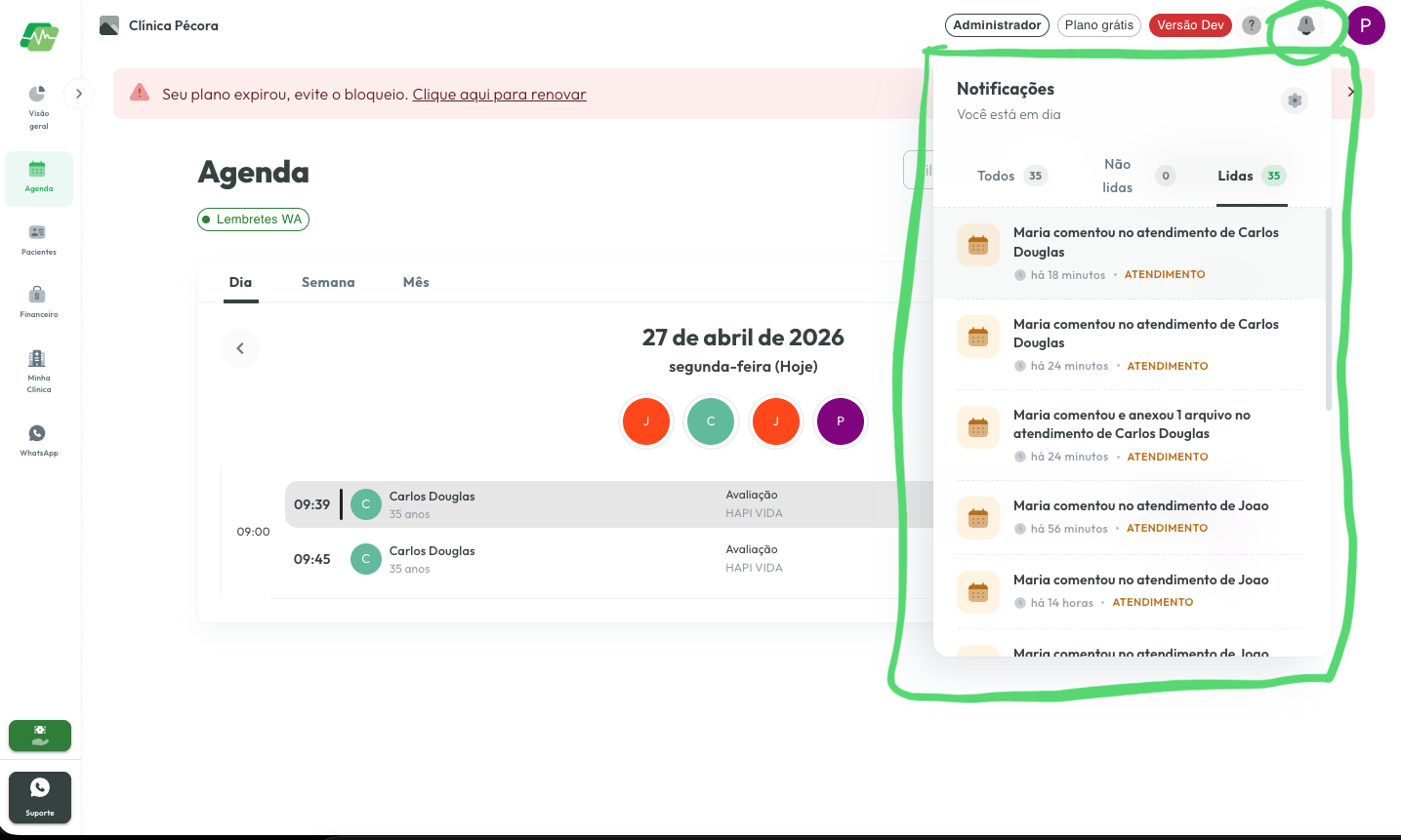 Notificação do médico disparada quando um novo anexo ou comentário é adicionado
