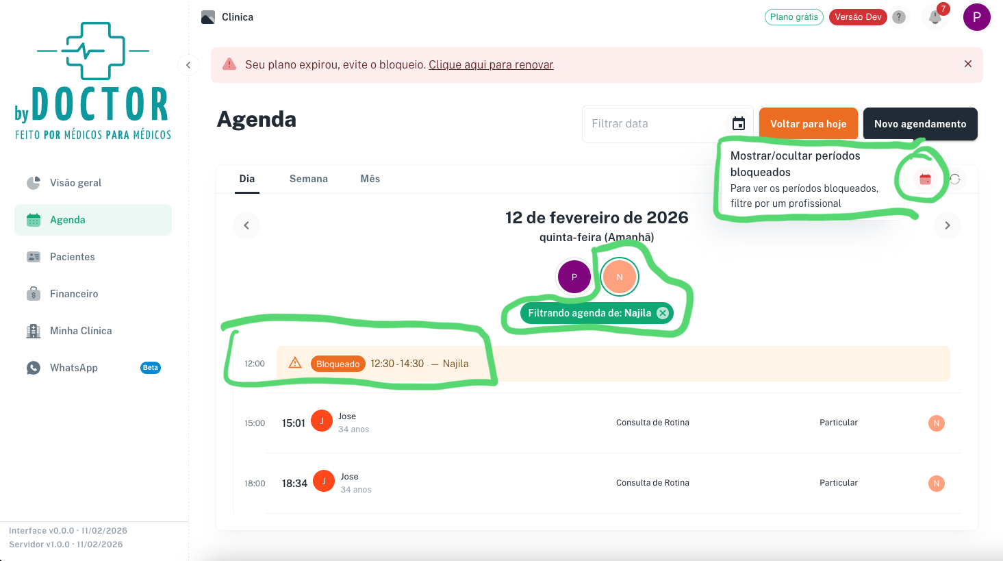Agenda exibindo bloqueio parcial do dia com faixa de horário específica marcada como indisponível entre 14h e 17h