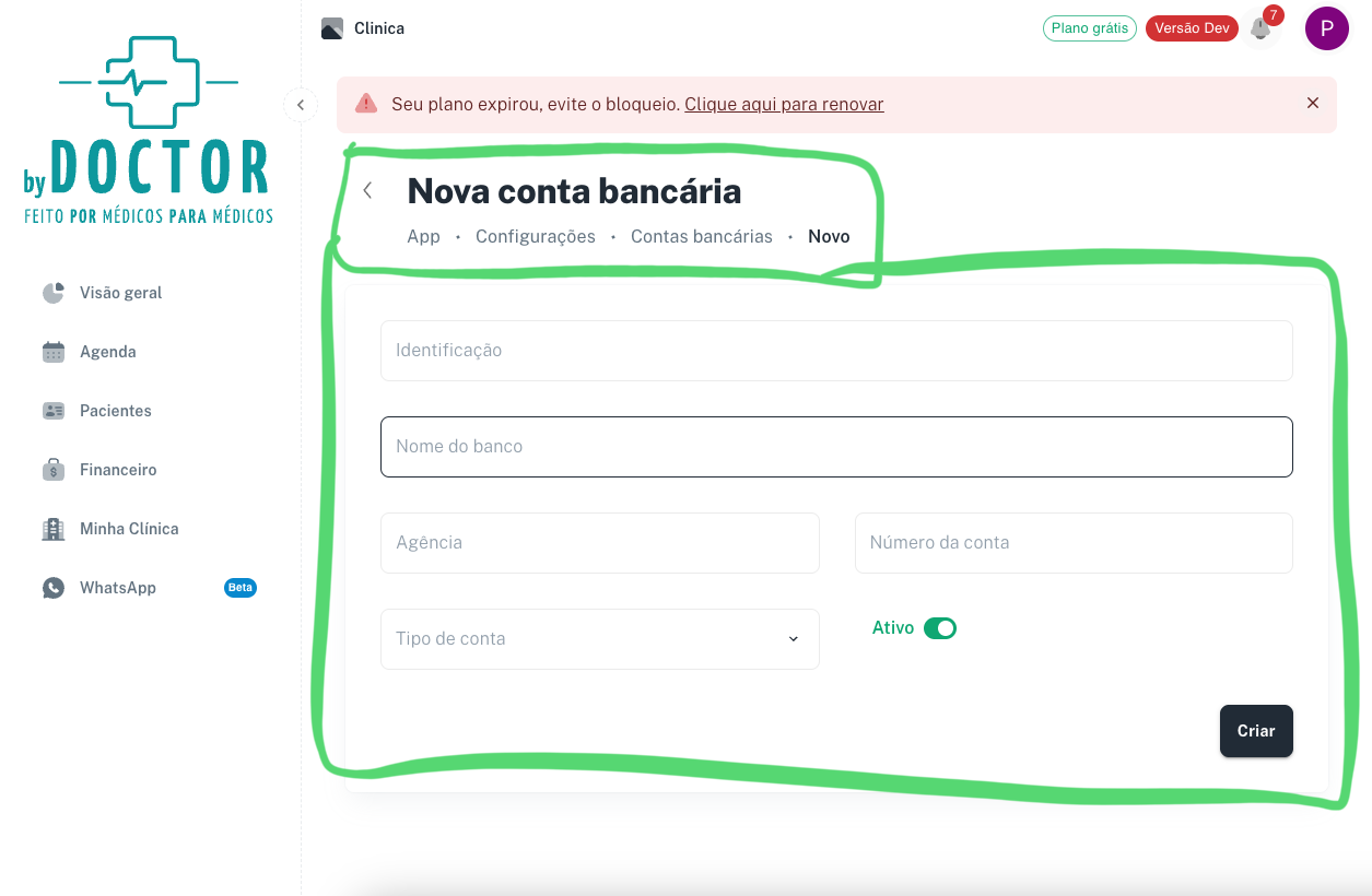 Formulário de cadastro de nova conta bancária com campos para nome do banco, tipo de conta, agência e número da conta