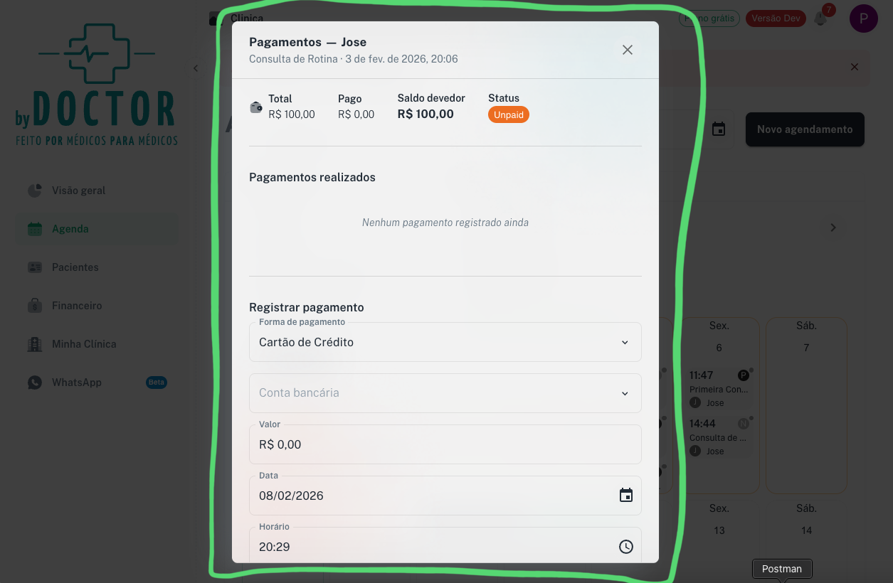Modal de registro de novo pagamento com campos para valor, método de pagamento, conta bancária e campo de observações