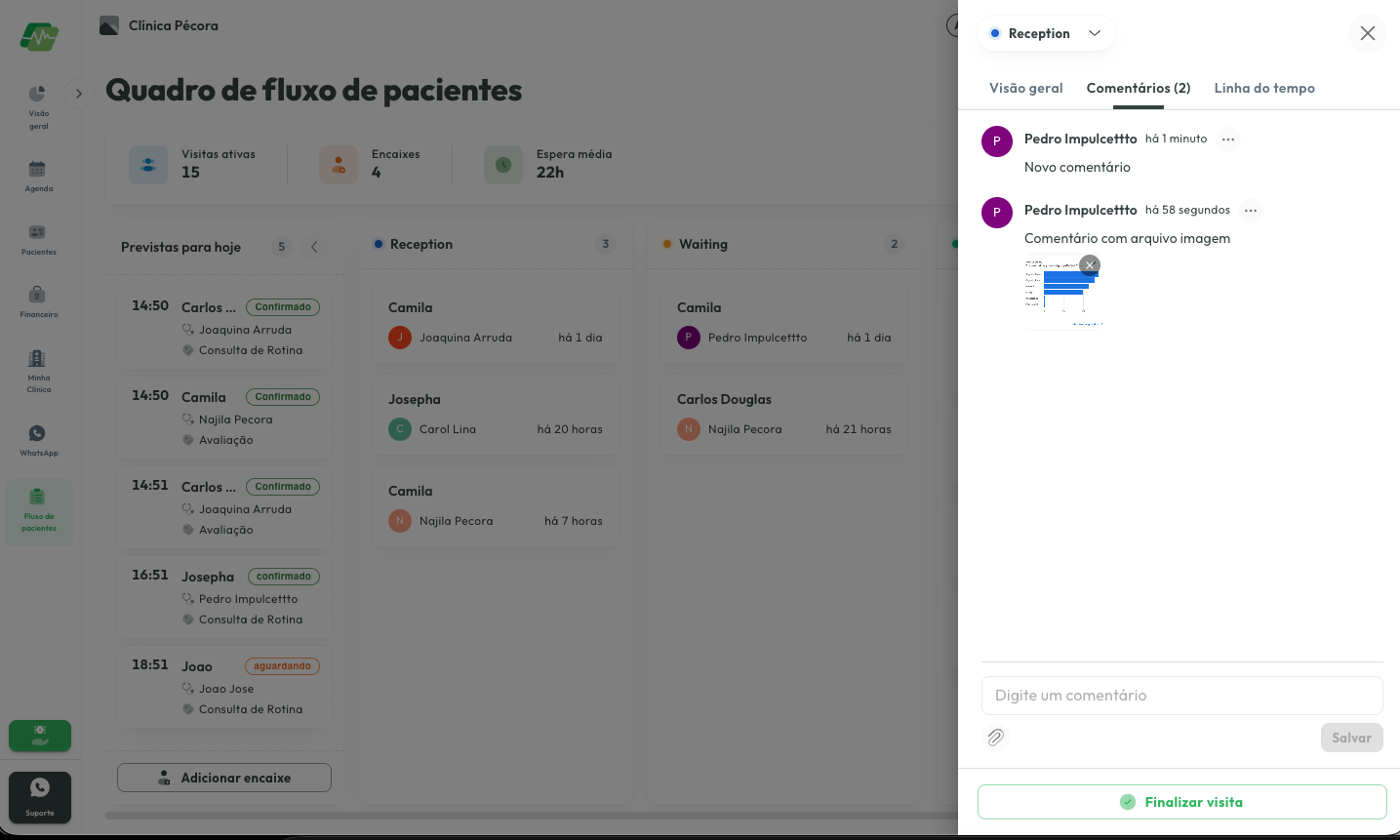 Aba de comentários com notas e arquivos anexados no cartão do atendimento