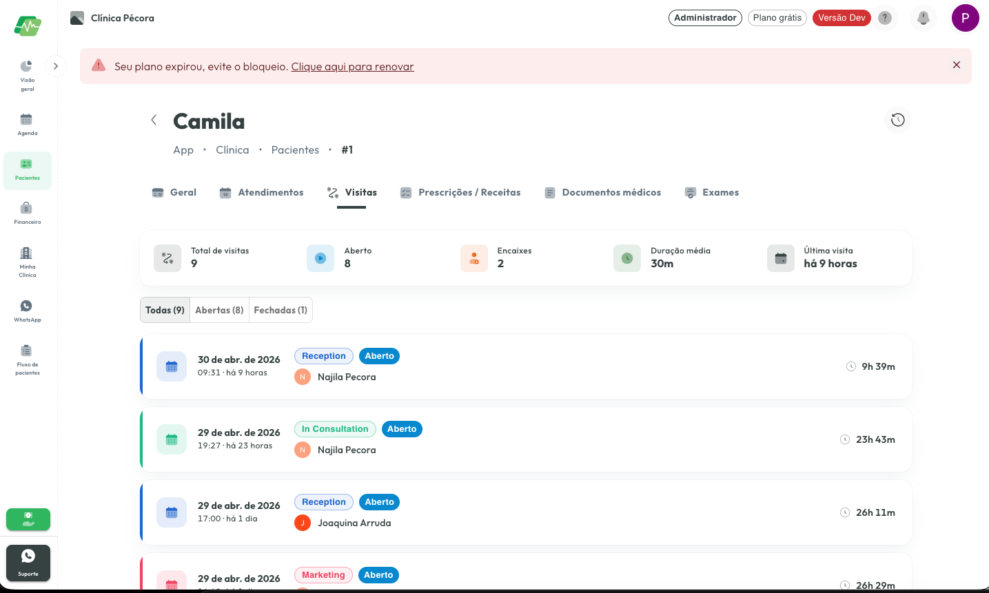Perfil do paciente com a aba de visitas listando cada atendimento