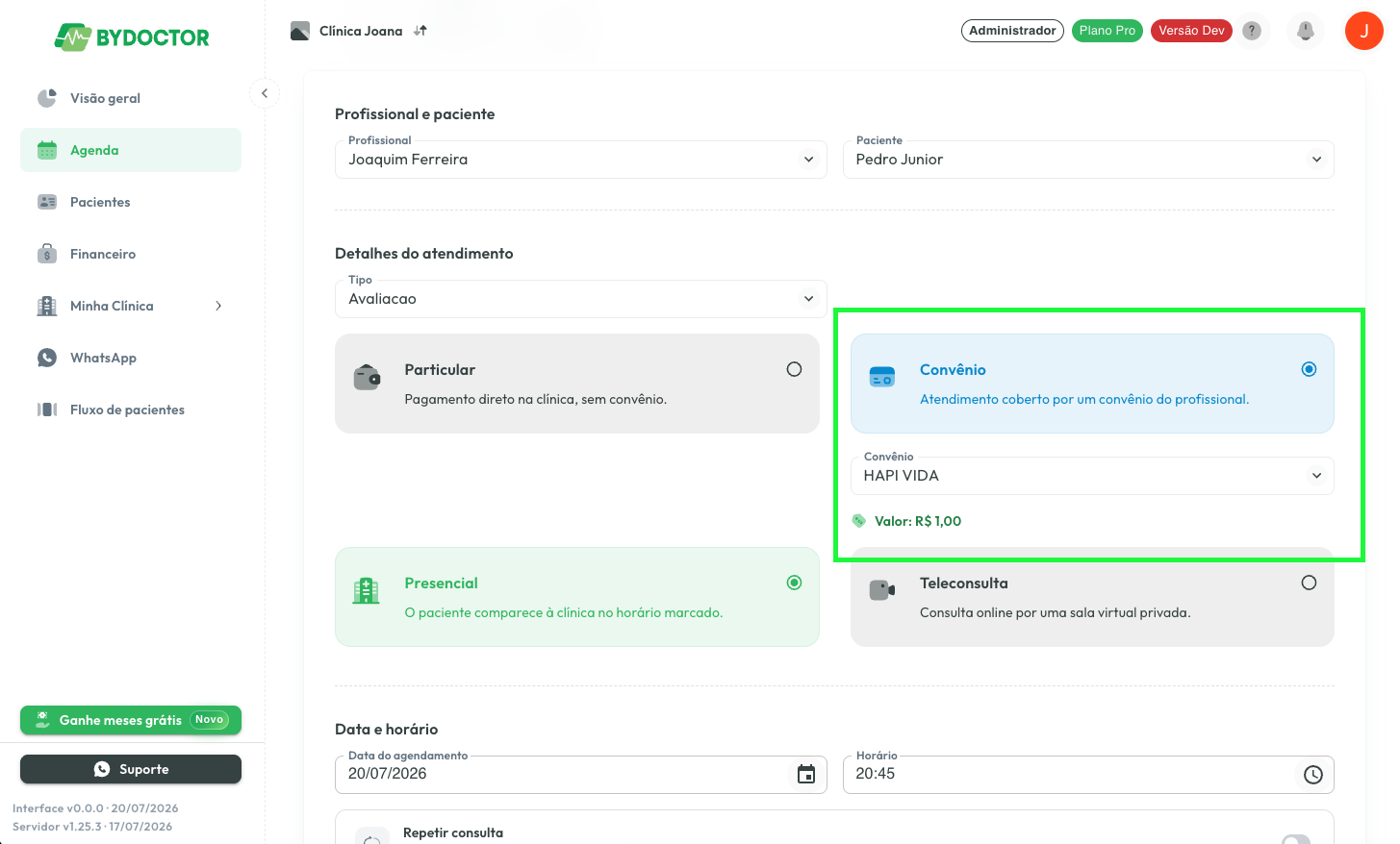 Criação de agendamento com a opção Convênio selecionada e o preço específico do convênio preenchido automaticamente