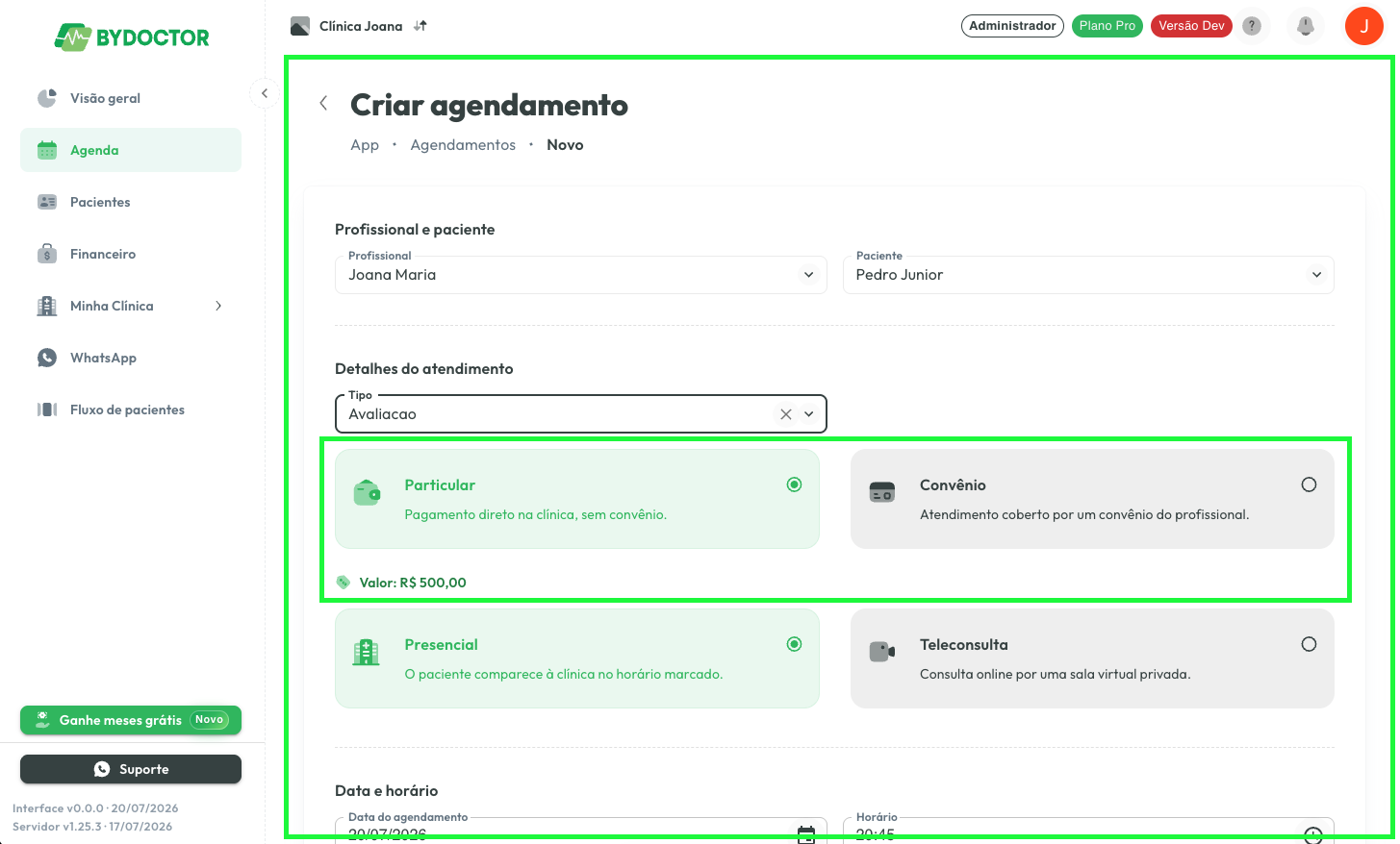 Criação de agendamento com a opção Particular selecionada e o preço preenchido automaticamente a partir da grade