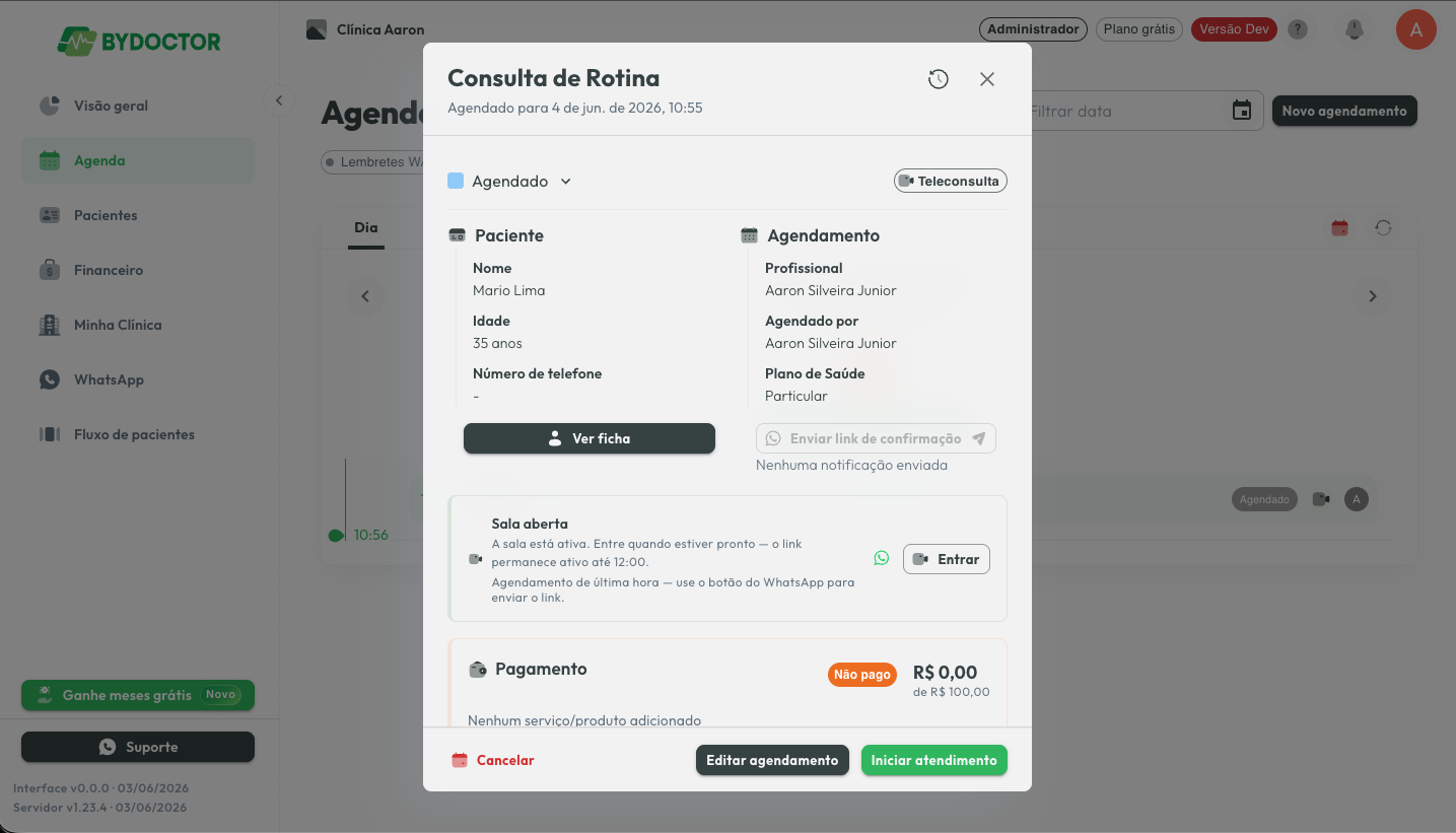 Detalhe do agendamento com a sala de teleconsulta aberta e botão para entrar