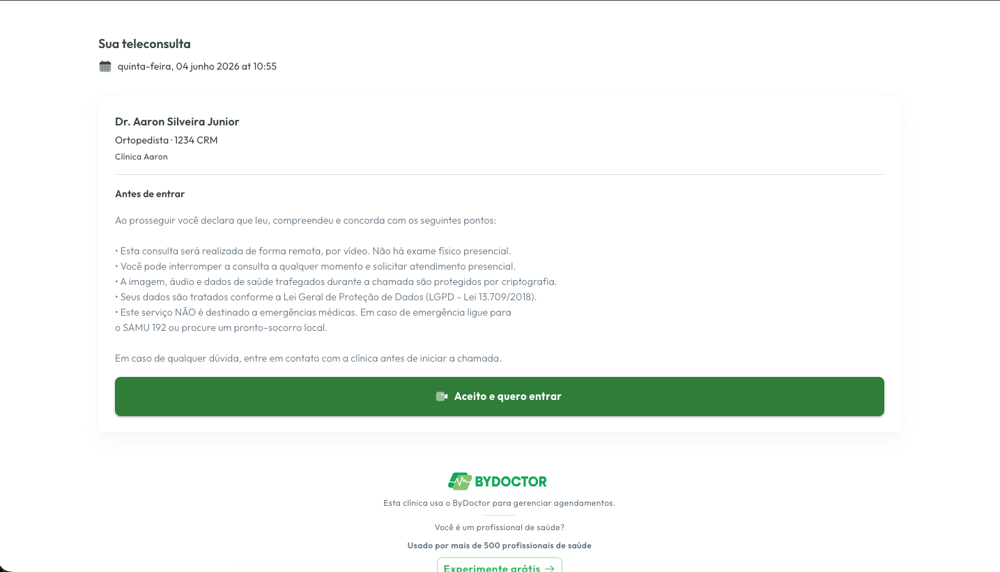 Página de teleconsulta do paciente com aviso de consentimento e botão para entrar