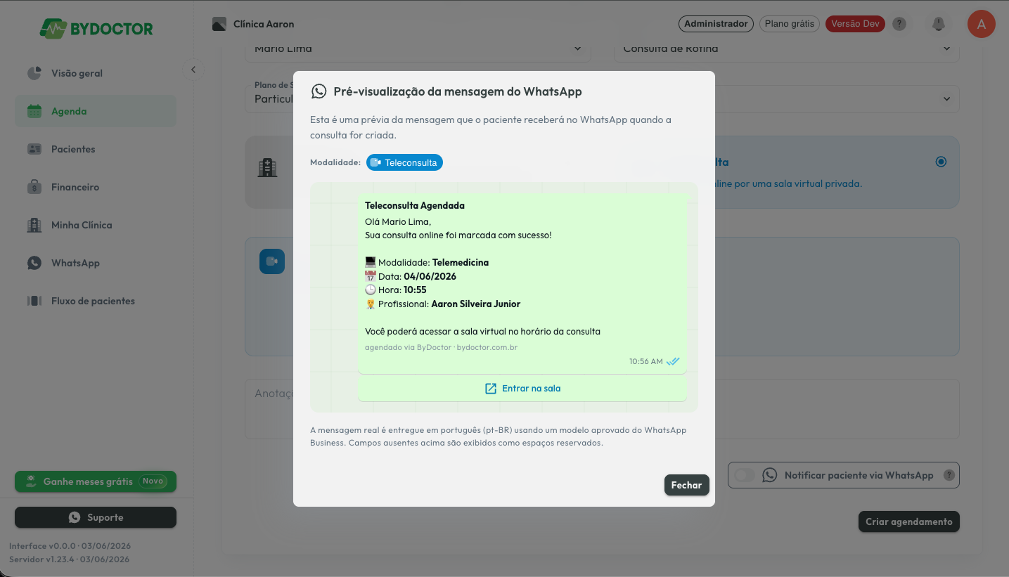 Prévia da mensagem de teleconsulta enviada ao paciente pelo WhatsApp