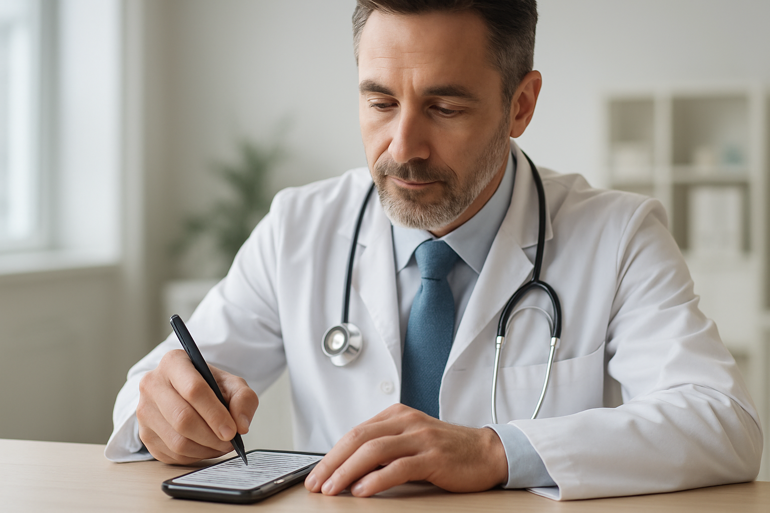 Médica assinando receita digital pelo celular em consultório claro e moderno usando certificado em nuvem