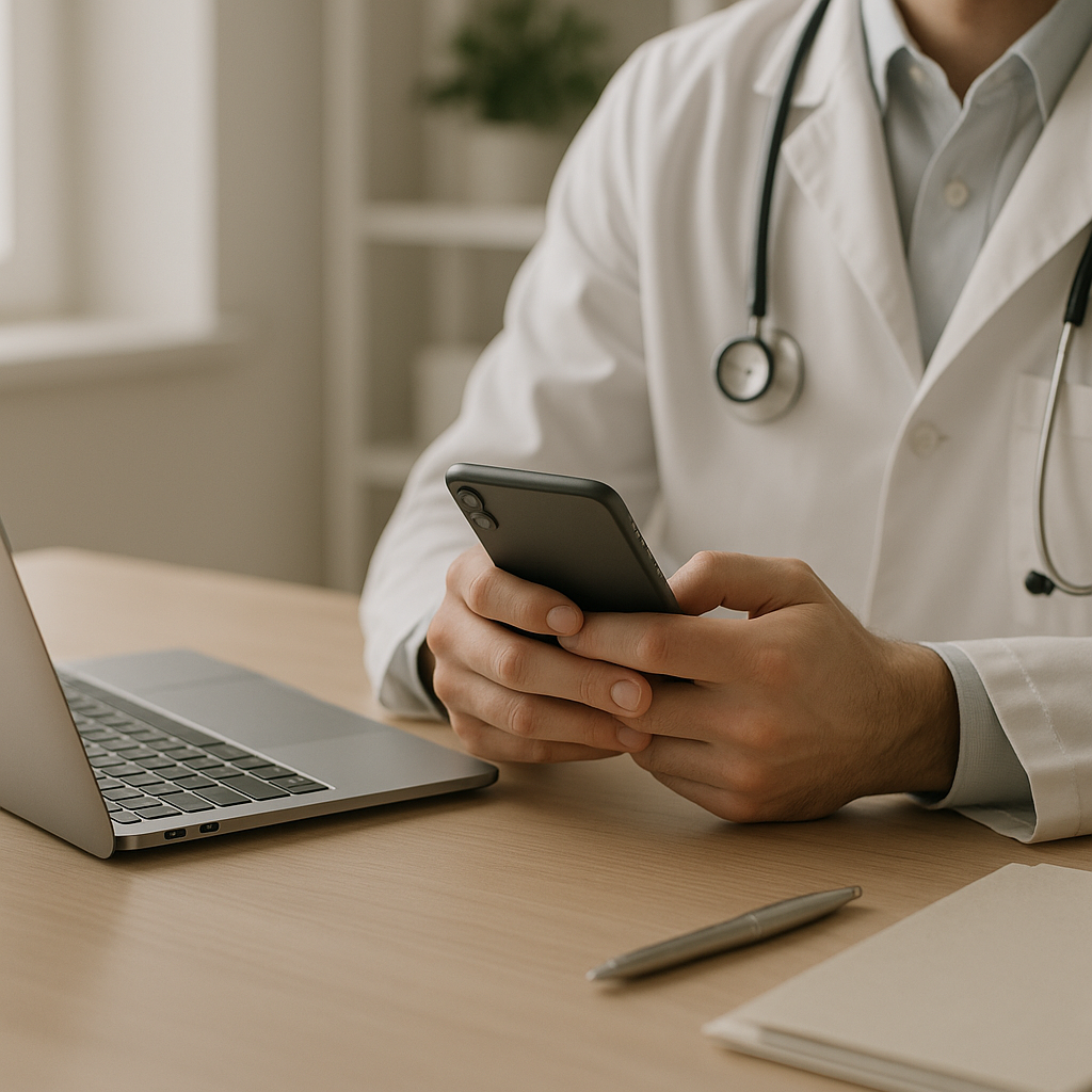 Mãos de médico segurando celular ao lado de notebook em mesa de consultório organizada e bem iluminada
