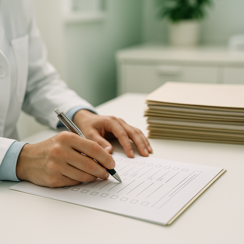 Checklist impresso de conferência de faturamento TISS sobre a mesa de uma clínica