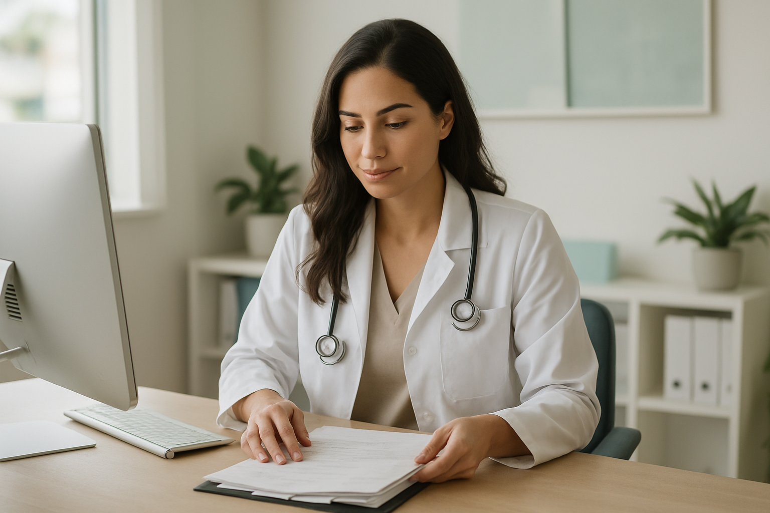 Médica preenchendo guia de consulta em computador no consultório
