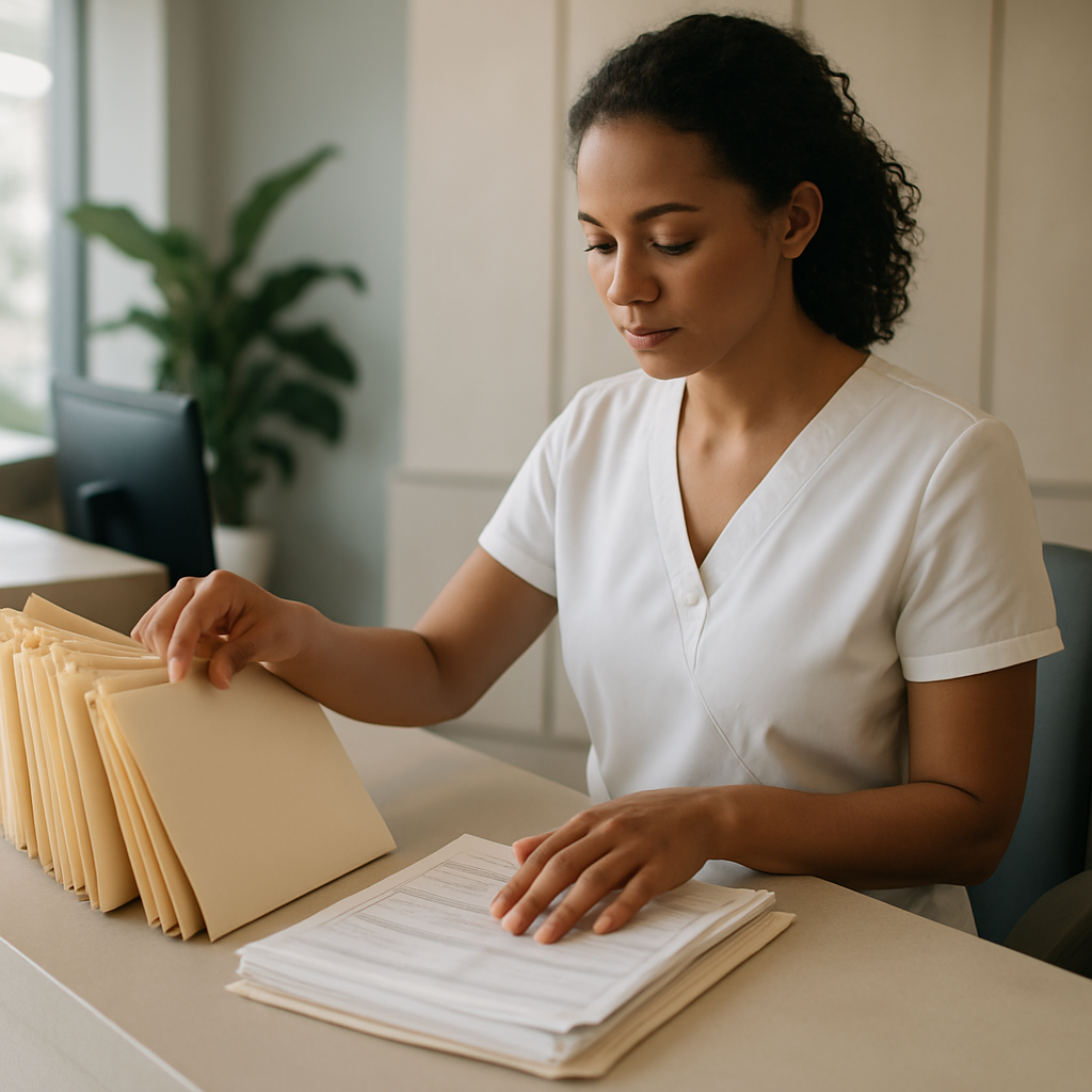 Recepcionista organizando guias de convênio em clínica médica moderna