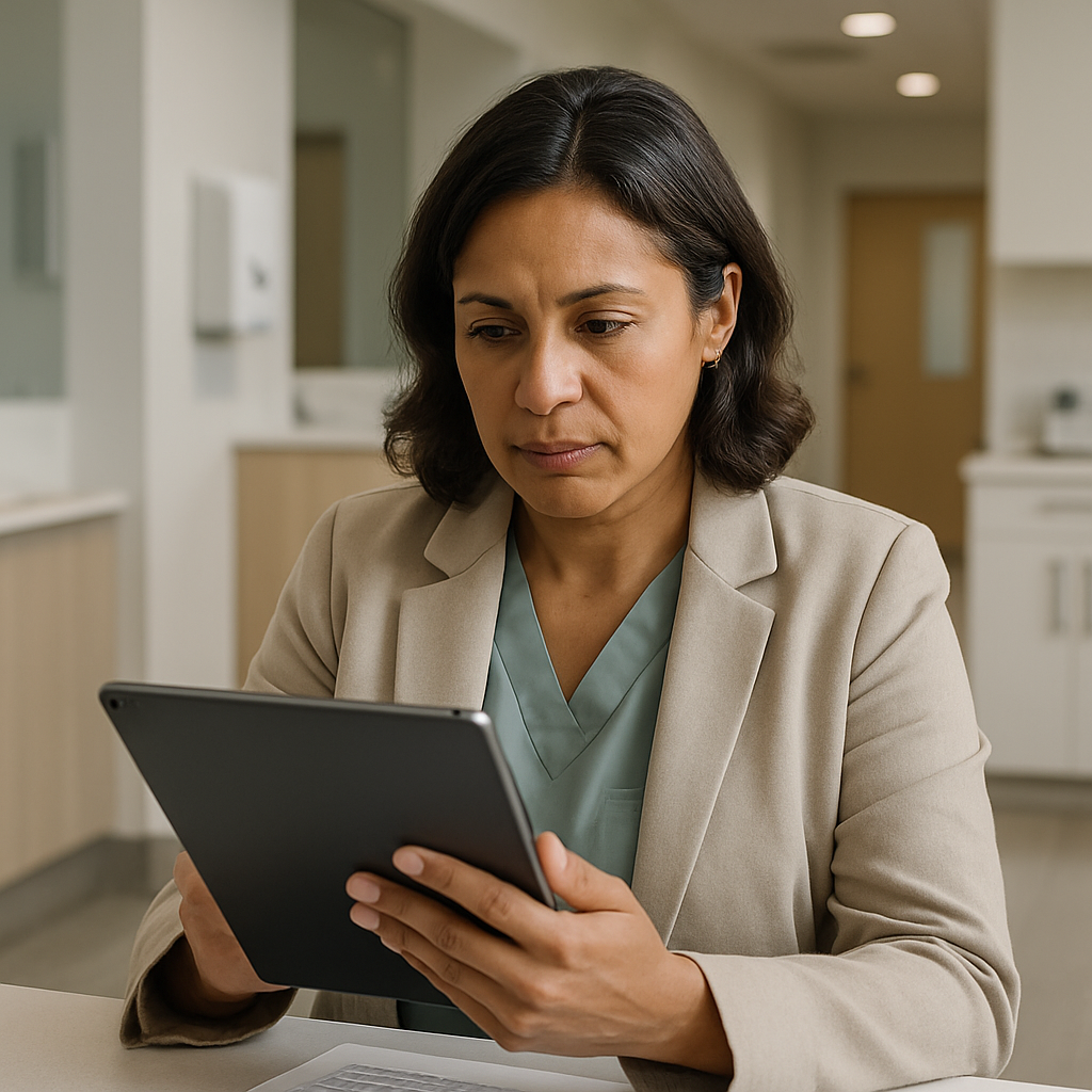 Profissional de saúde revisando relatório de faturamento em tablet na clínica