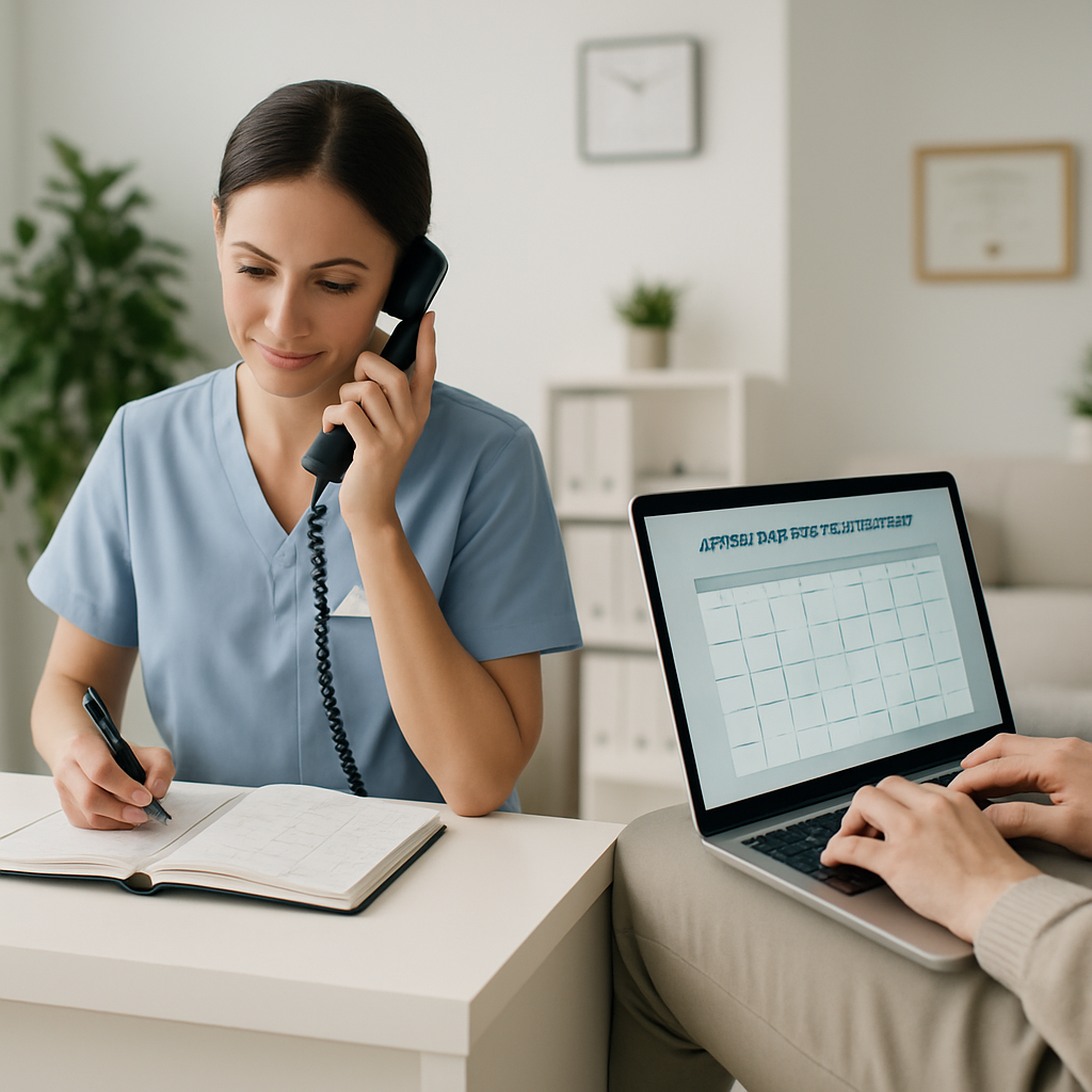 Recepcionista de clínica organizando agenda enquanto paciente marca consulta no notebook