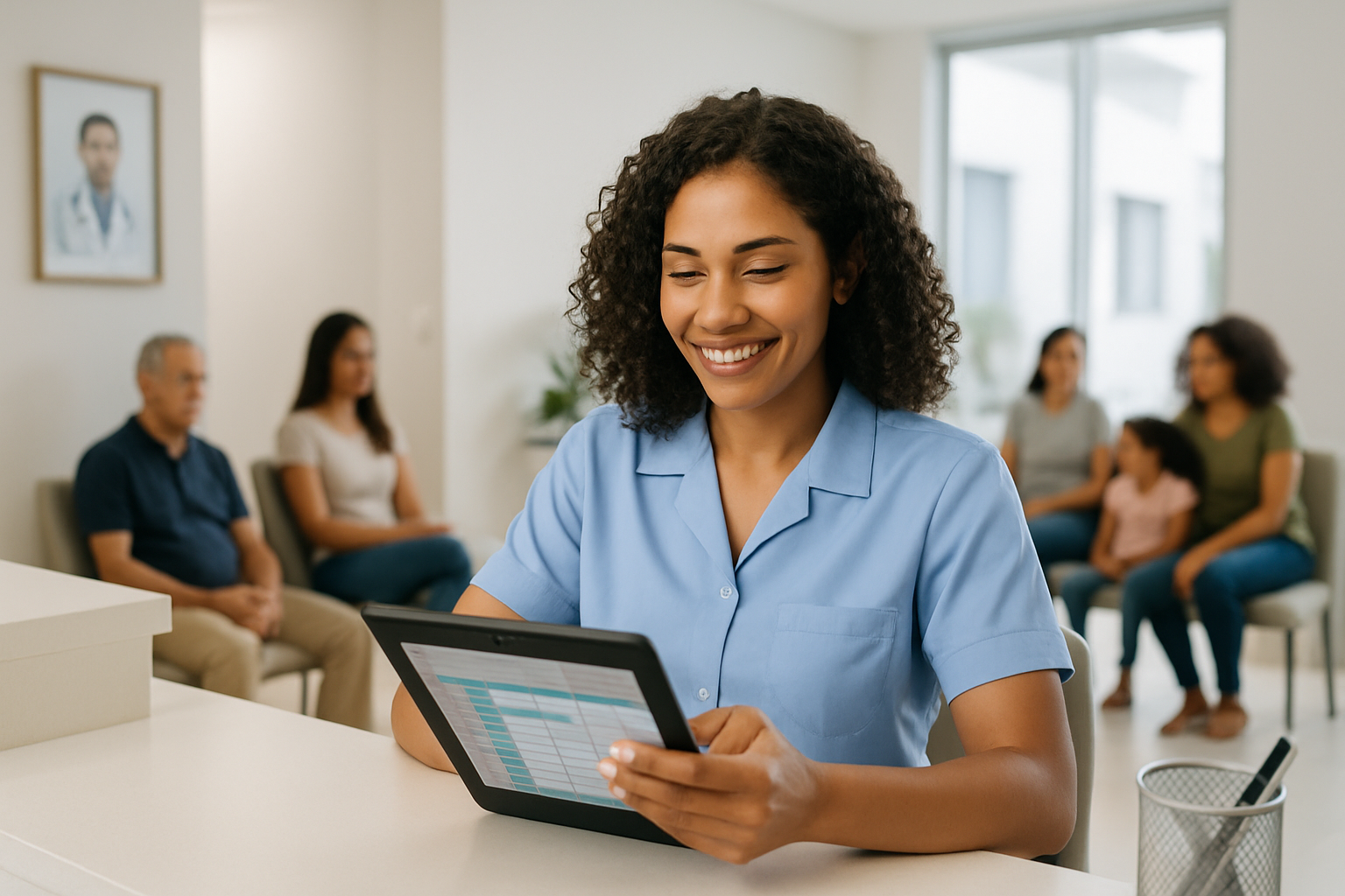 Recepcionista de clínica organizando agenda médica em tablet com pacientes ao fundo