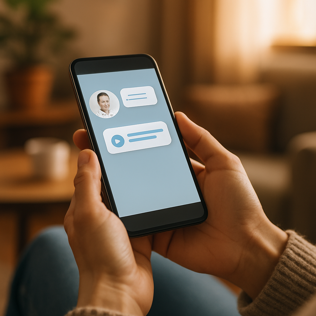 Mão segurando celular com mensagem de confirmação de consulta enviada por aplicativo
