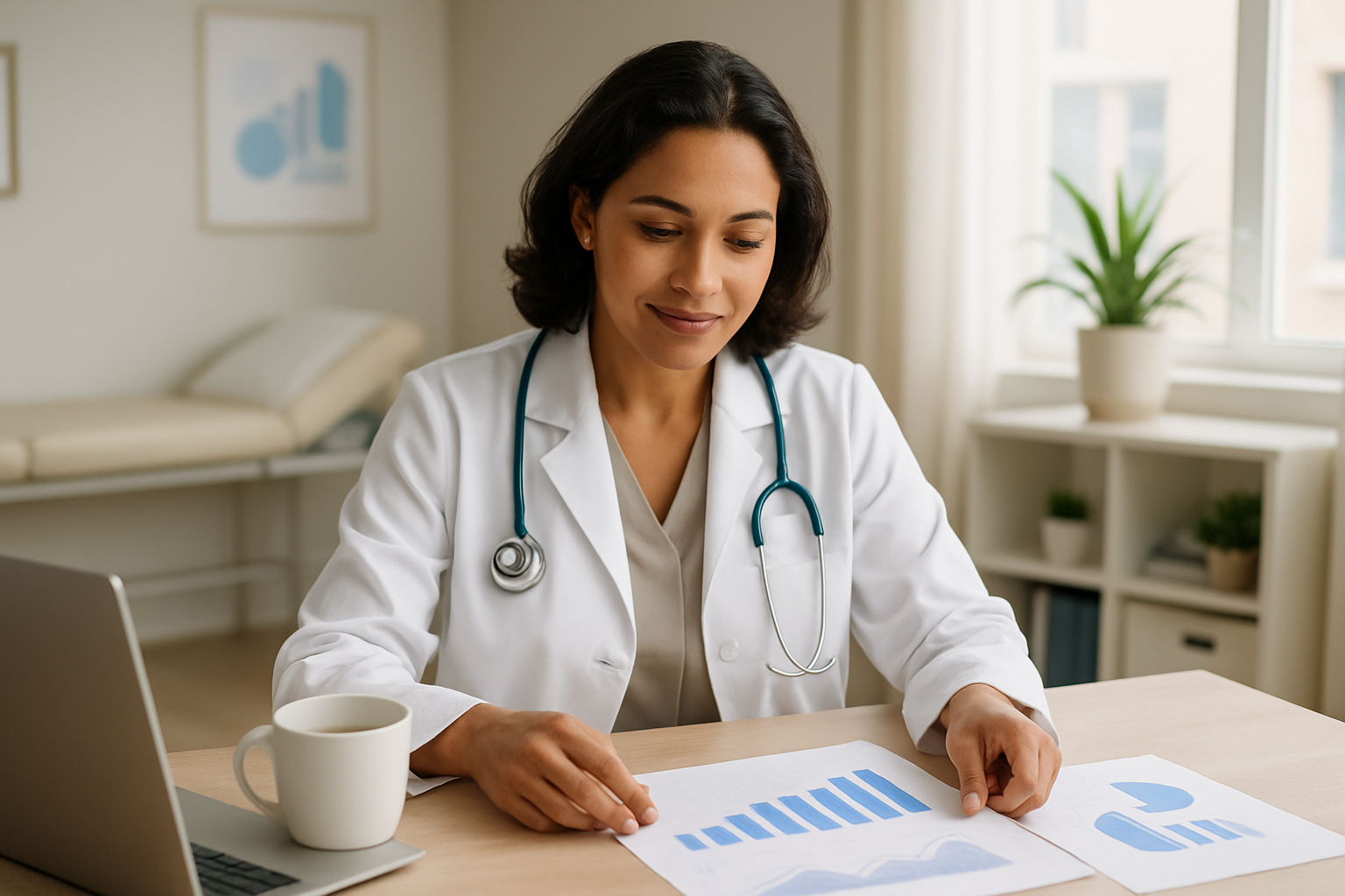 Médica revisando relatório financeiro do consultório em mesa de trabalho organizada