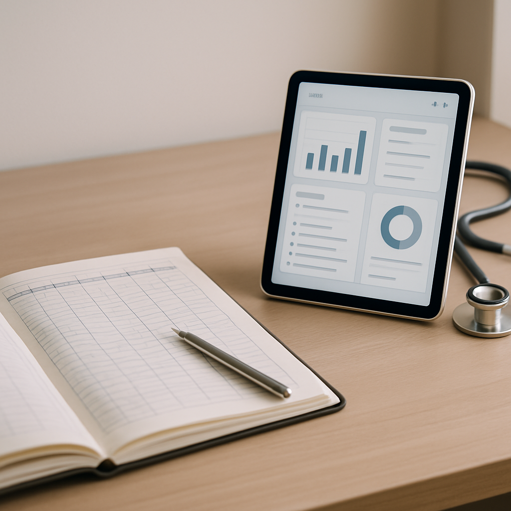 Médico comparando relatórios em planilha e em sistema digital integrado de consultório