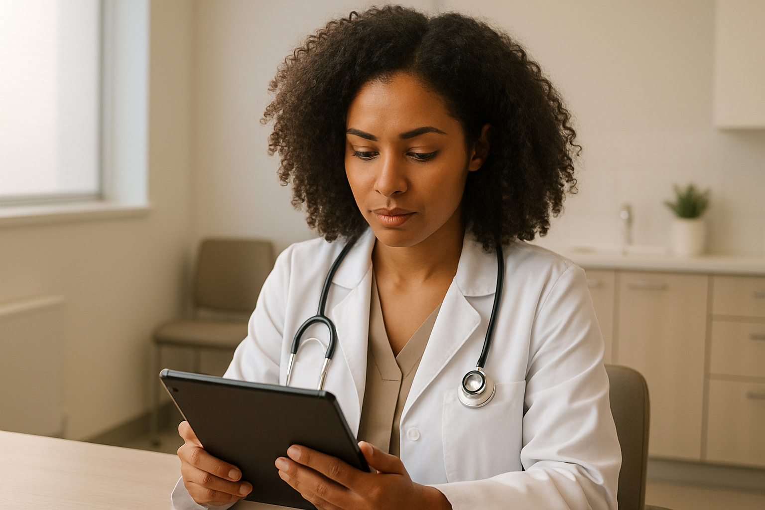 Médica revisando política de privacidade em tablet em consultório moderno