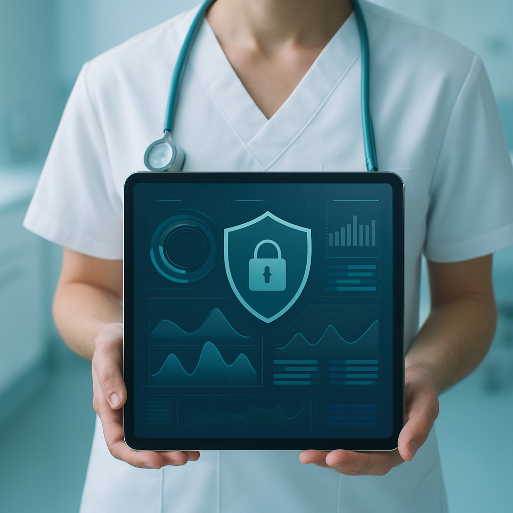 Tela de sistema de gestão clínica mostrando configurações de privacidade e proteção de dados