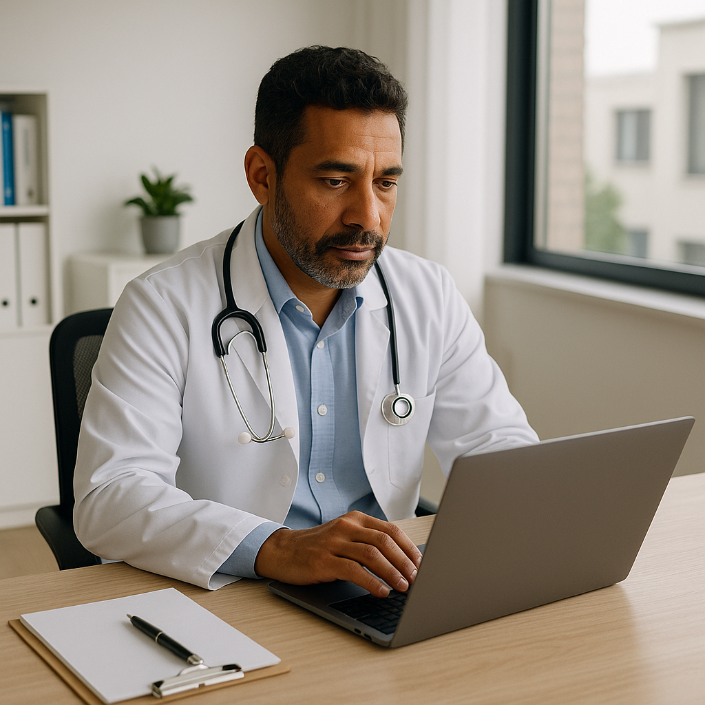 Médico usando software médico para faturar teleconsulta em convênio no computador