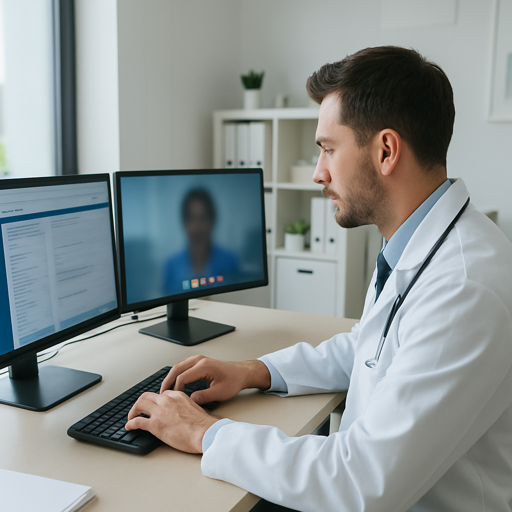 Interface de prontuário eletrônico com módulo de teleconsulta ativo exibindo ficha do paciente