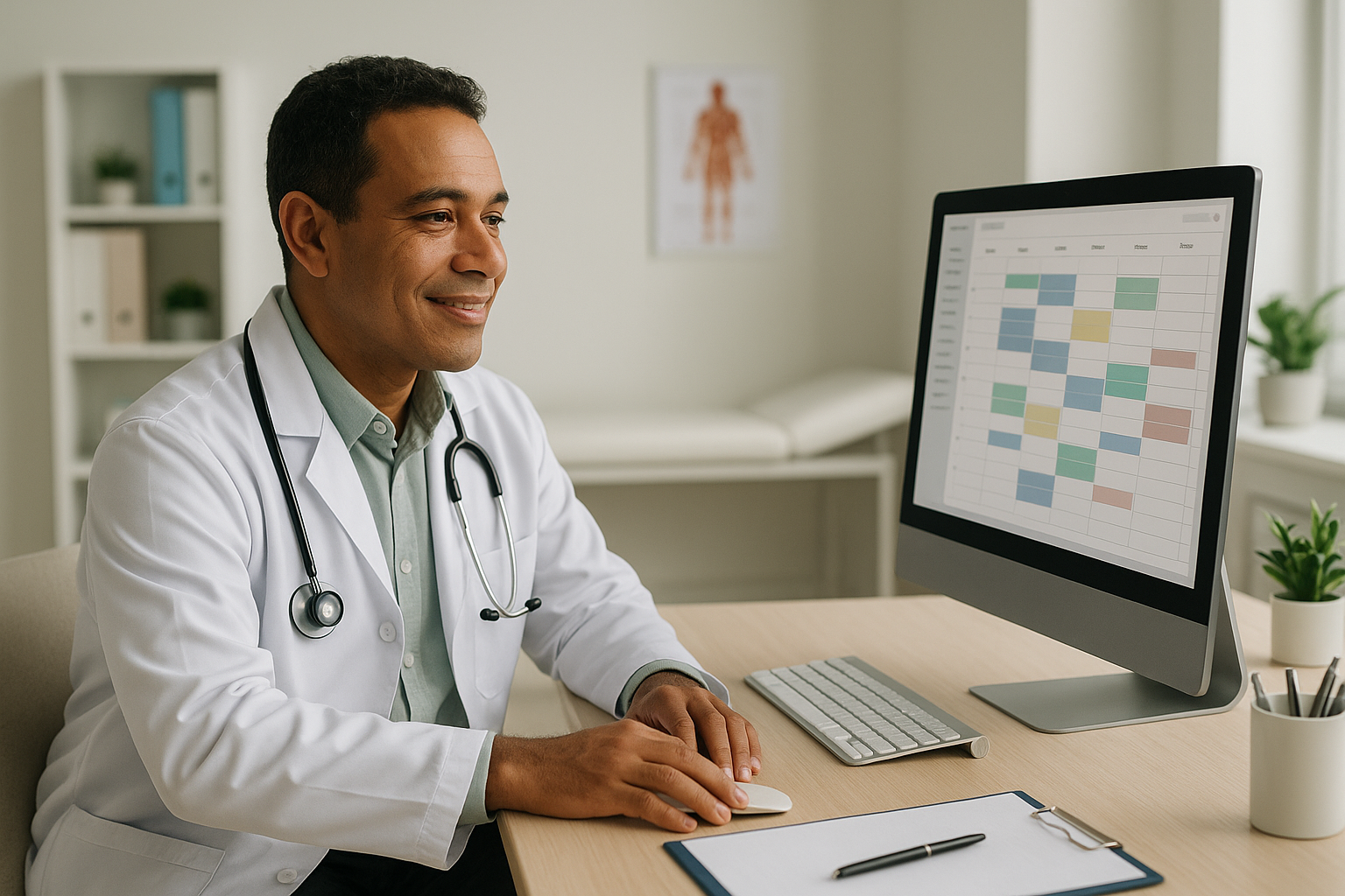 Médico usando sistema de agendamento online no computador do consultório