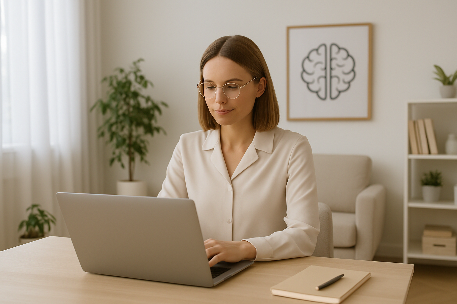 Psicóloga organizando a migração de dados do consultório em notebook na clínica