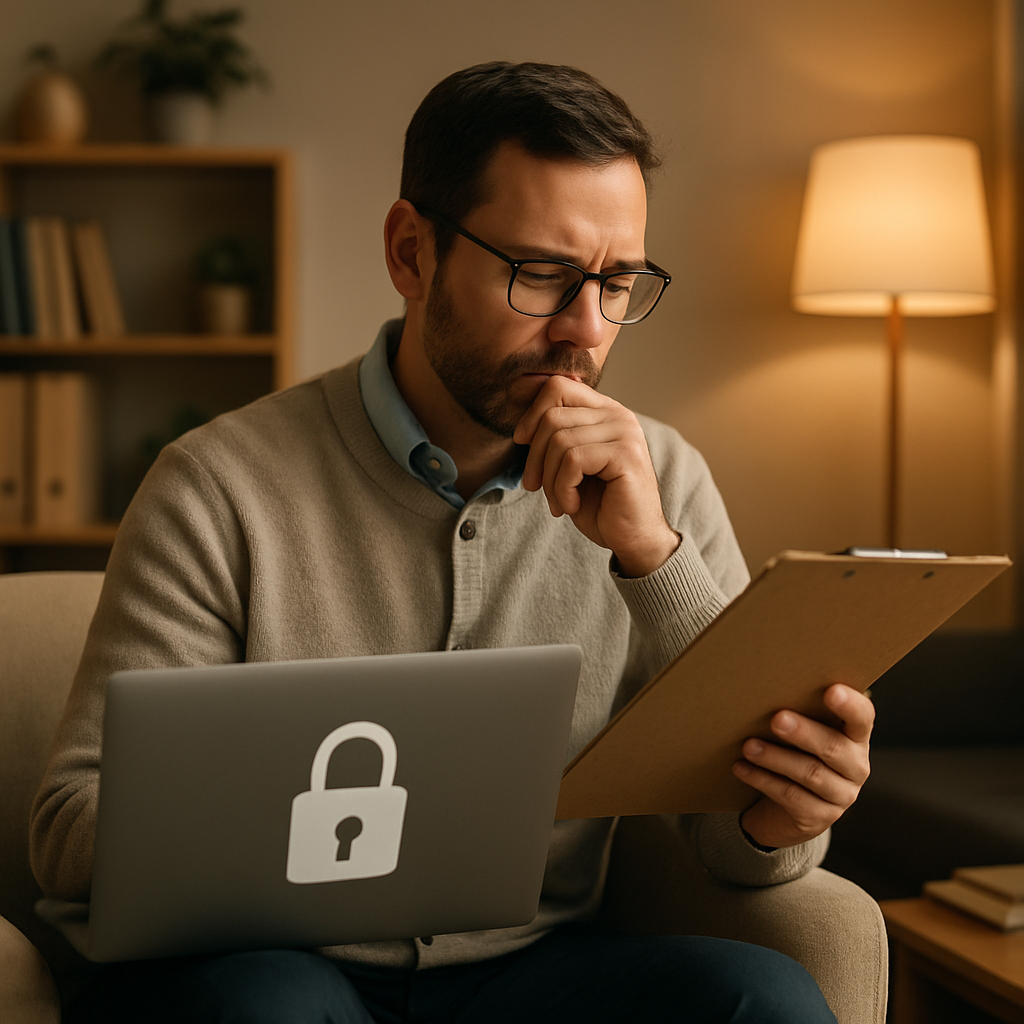 Psicólogo conferindo configurações de segurança e sigilo do prontuário no novo sistema
