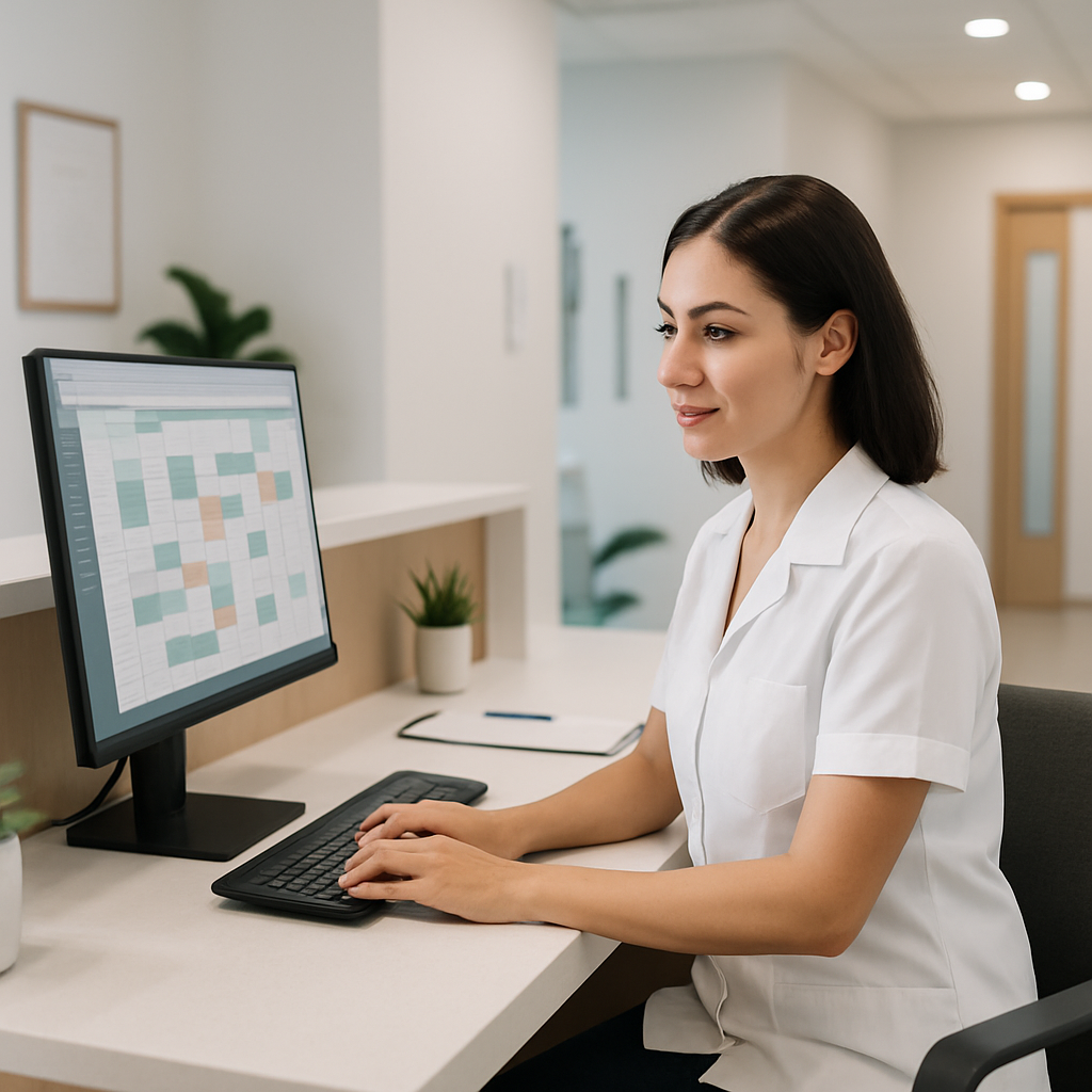 Recepcionista de clínica conferindo agenda digital em computador no balcão de atendimento