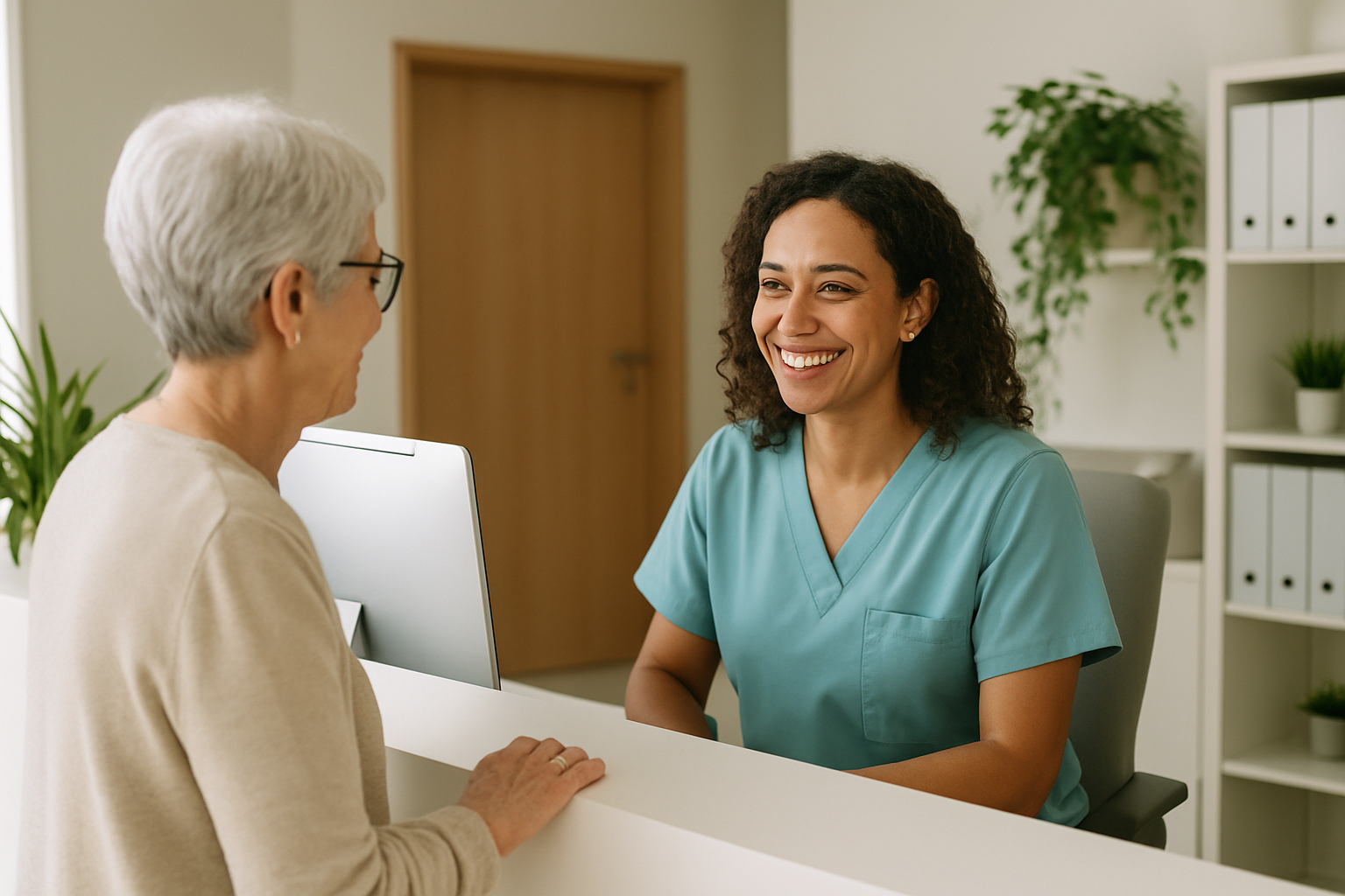 Recepcionista de clínica revisando lista de pacientes inativos no computador