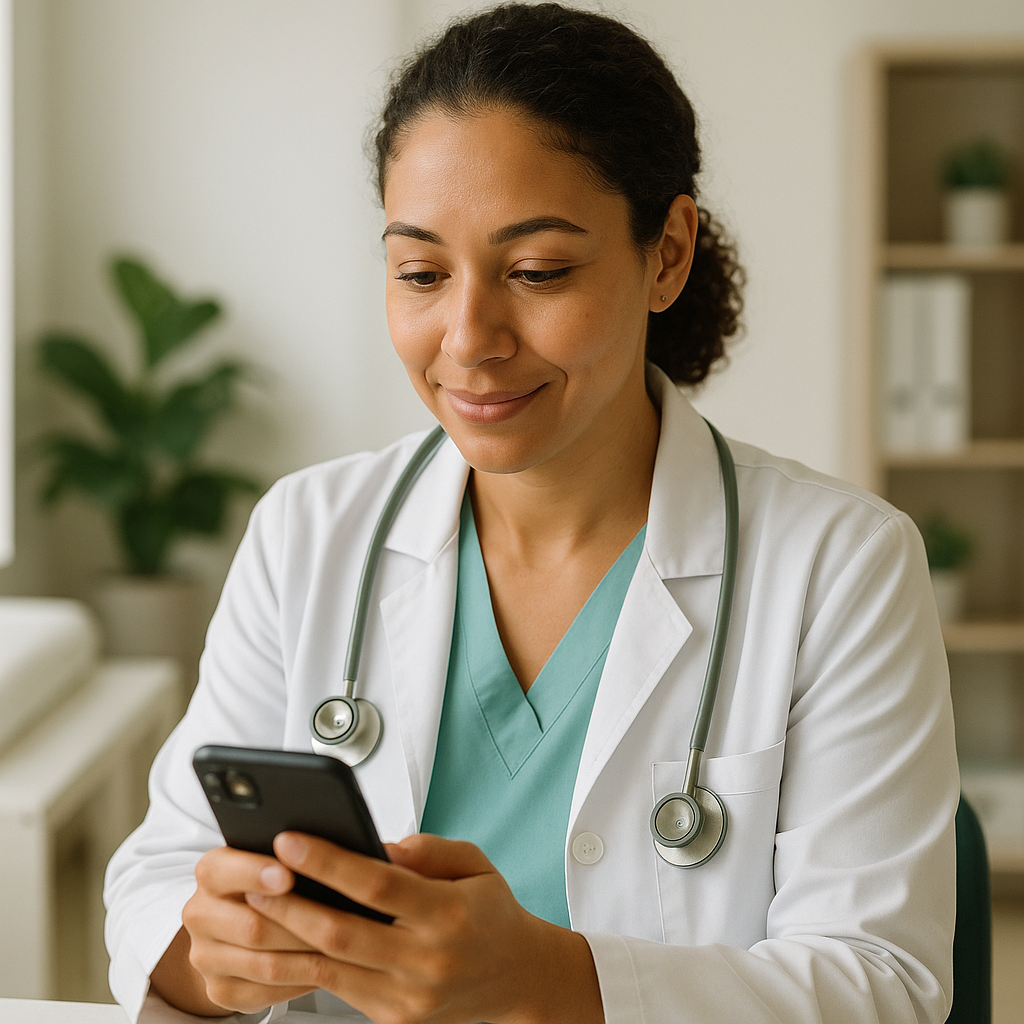 Profissional de saúde enviando mensagem de retorno para paciente pelo celular