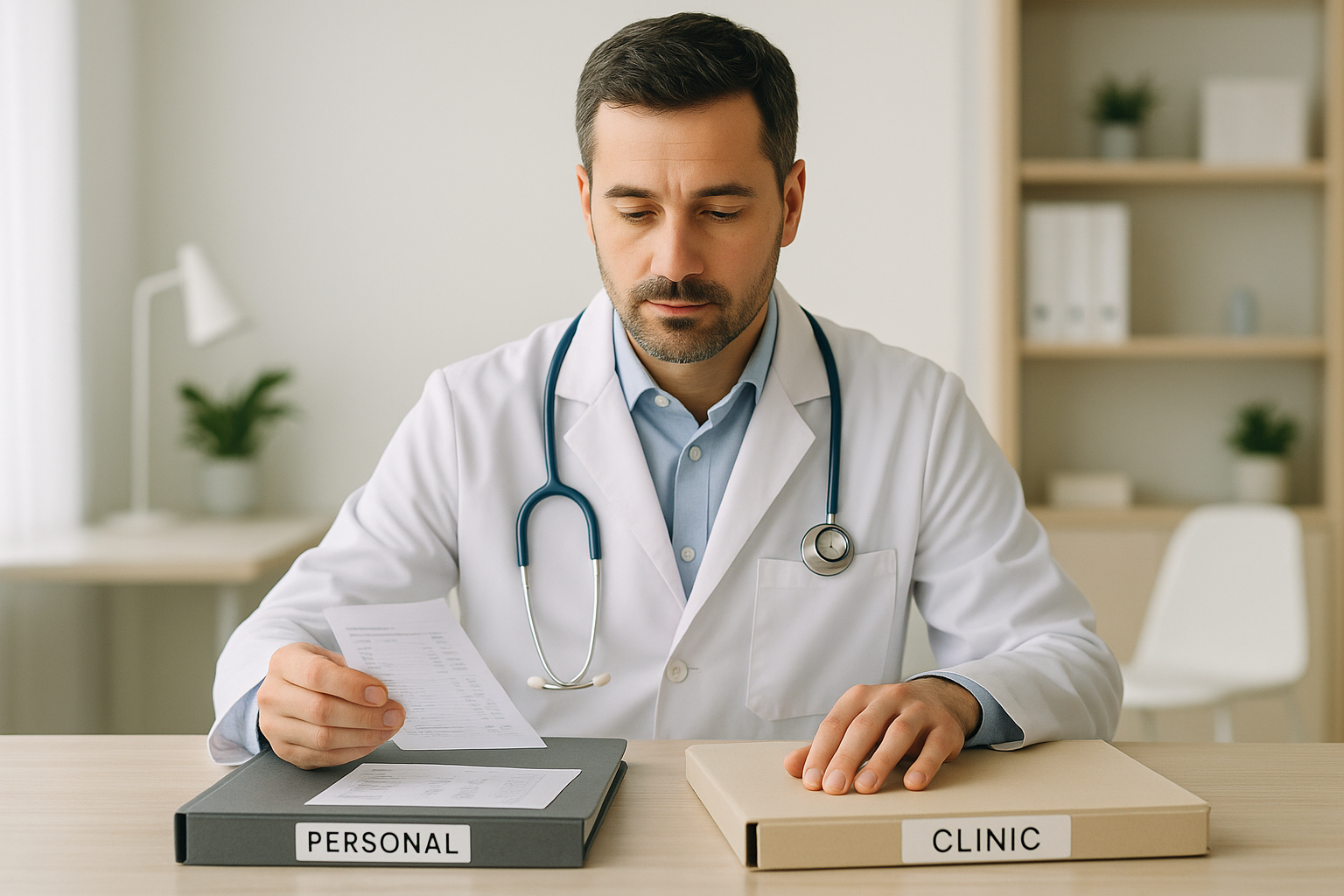 Médico organizando documentos financeiros do consultório em mesa com laptop e calculadora