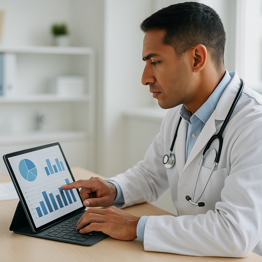 Profissional de saúde analisando gráficos financeiros no computador em consultório médico organizado