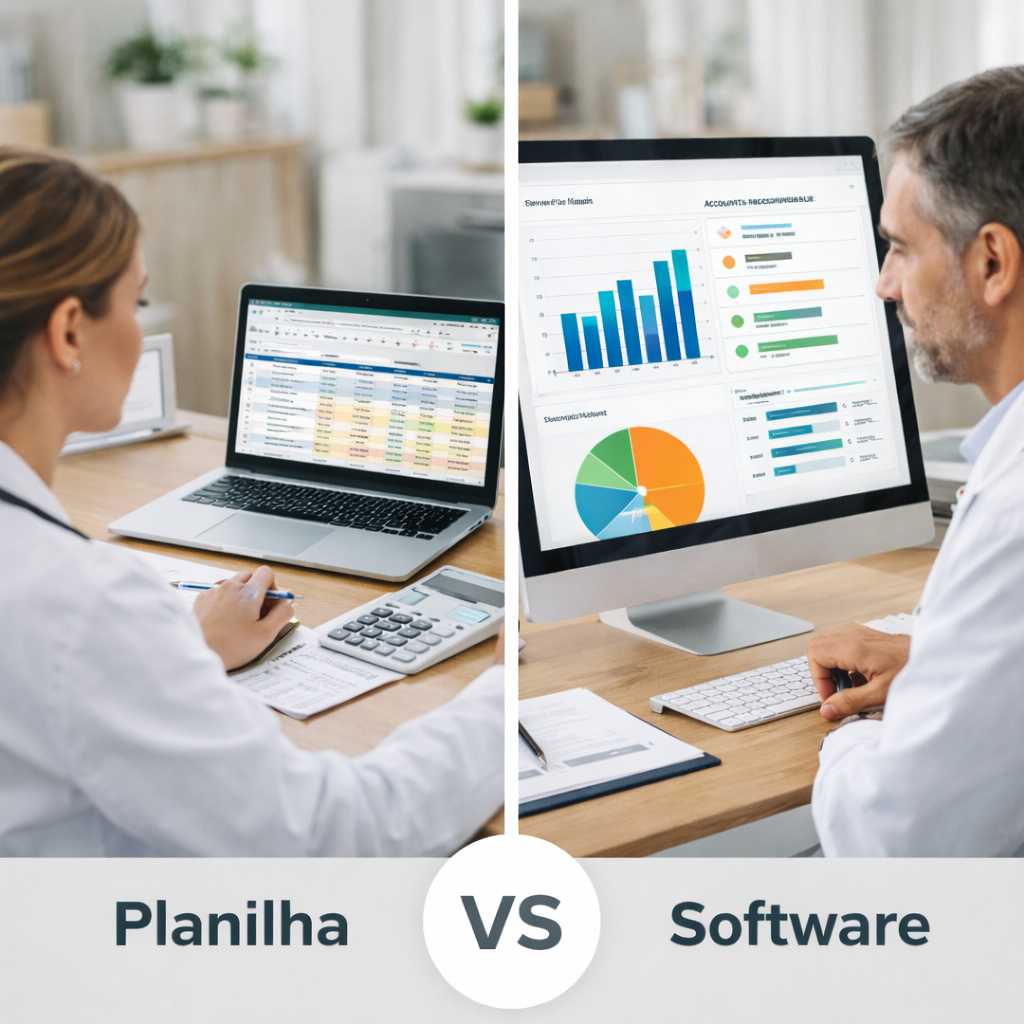 Comparativo visual entre planilha e software de gestão financeira para médicos