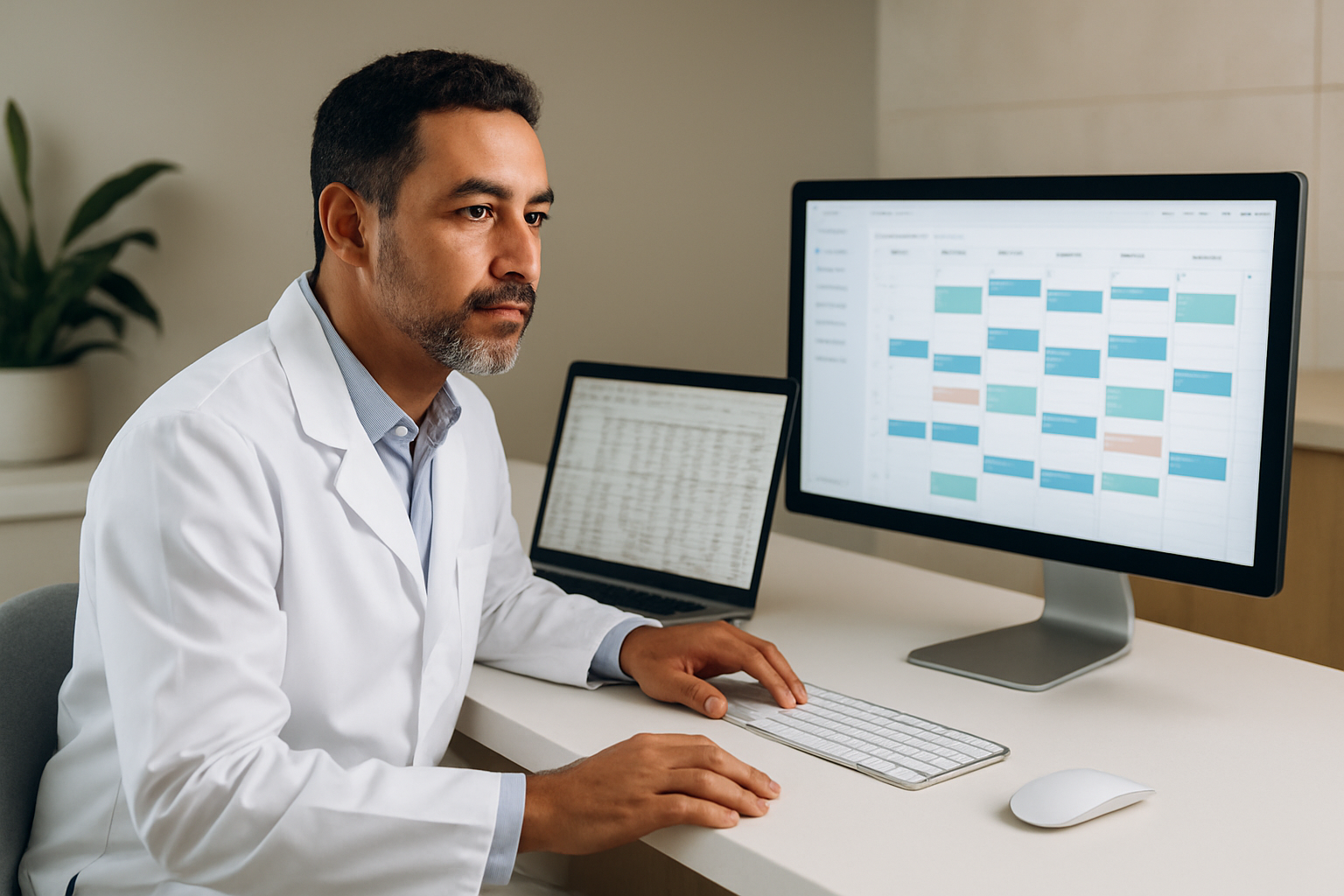 Médica comparando planilha em notebook com software de gestão de pacientes em consultório moderno
