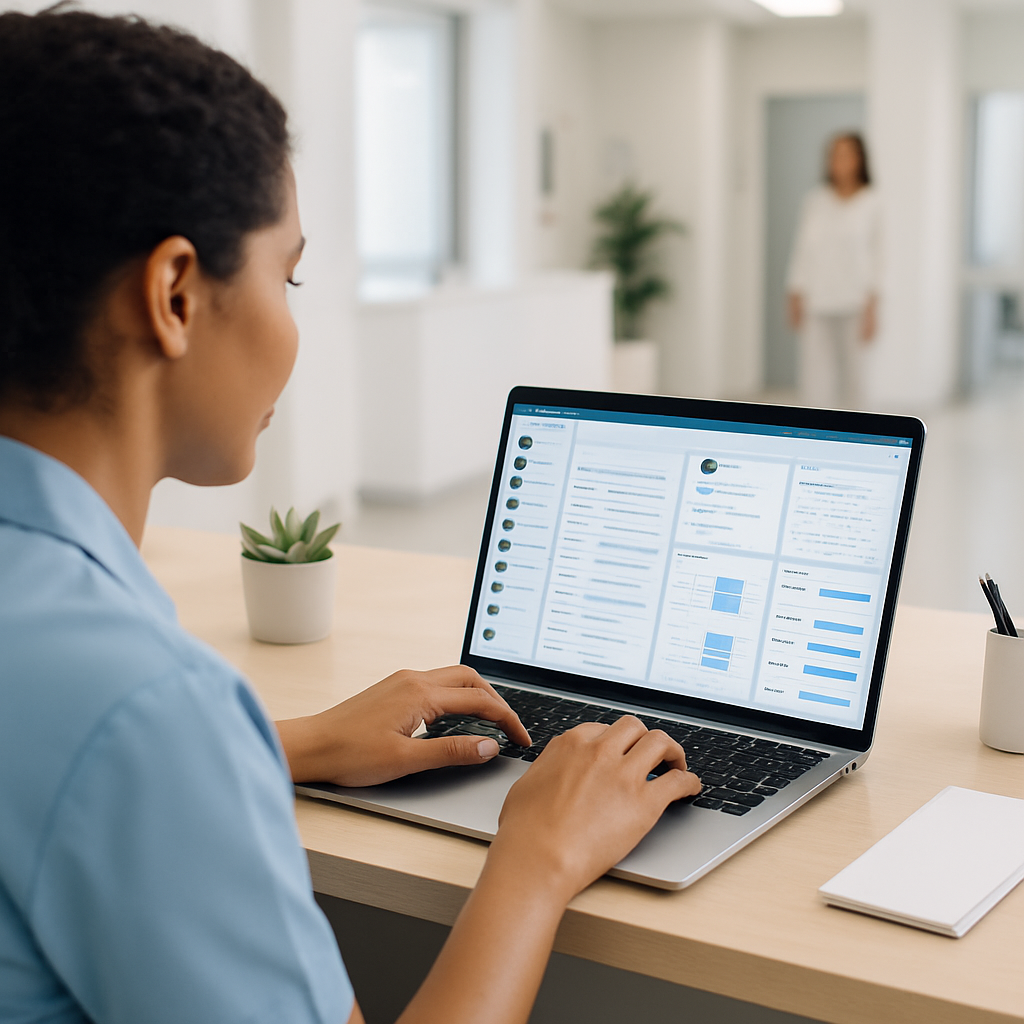 Tela de software de gestão clínica mostrando cadastro de paciente e agenda integrada em laptop sobre mesa