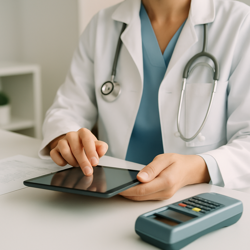 Mãos de profissional de saúde organizando valores de atendimento em tablet na clínica