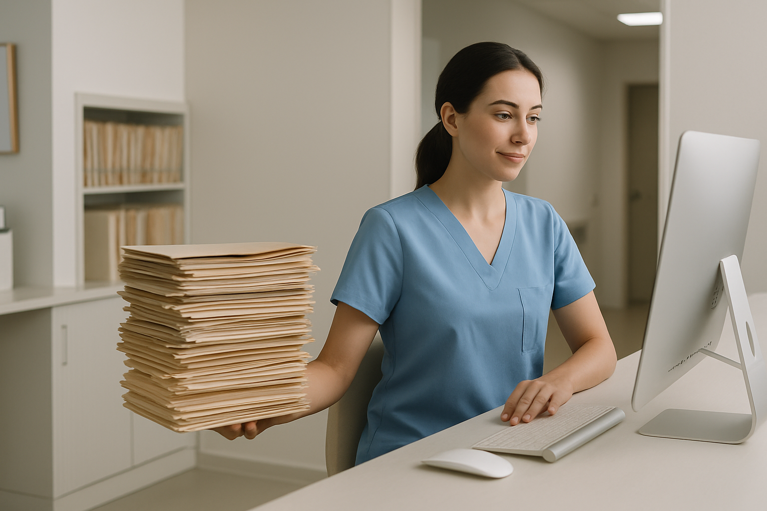 Recepcionista de clínica arquivando pastas de papel ao lado de computador com sistema de gestão