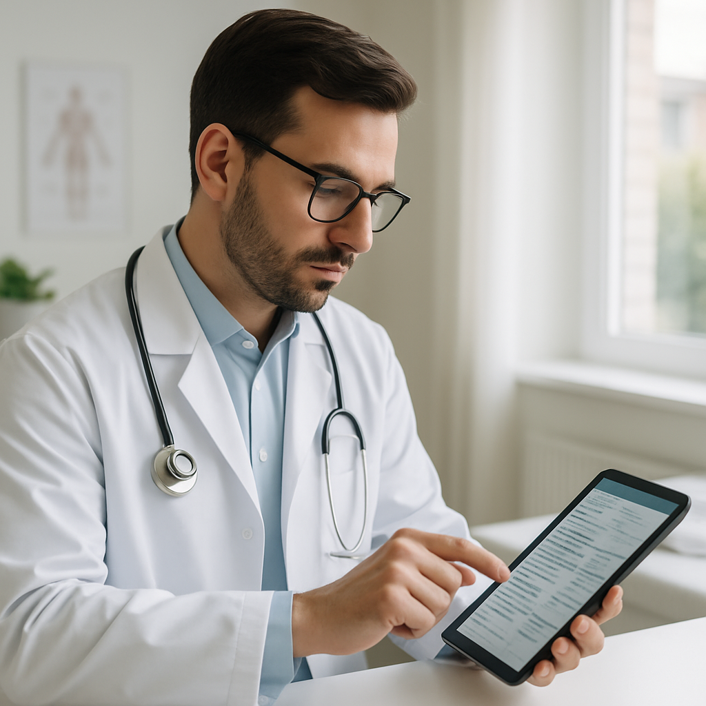 Médico consultando prontuário eletrônico em tablet durante atendimento em consultório moderno